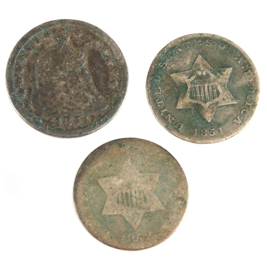 Two Silver Three Cents and A 1851 Seated Liberty Half Dime