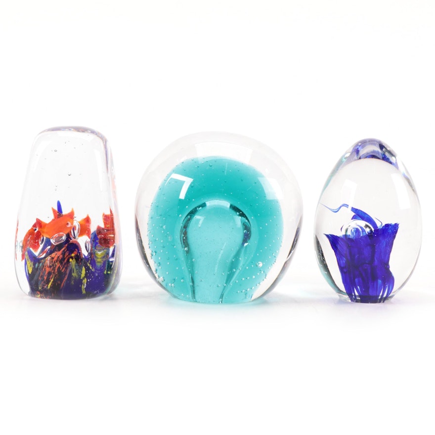 Italian Controlled Bubble Paperweight with Other Art Glass Paperweights