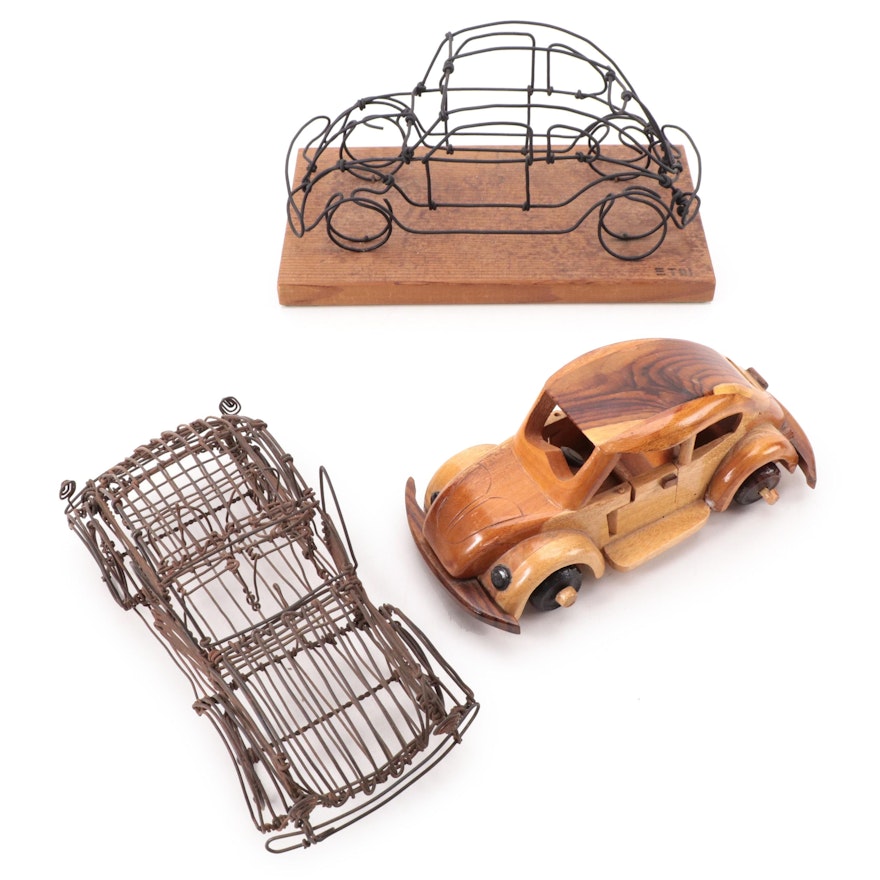 Carved Wood and Wirework Volkswagen Beetle Figurines