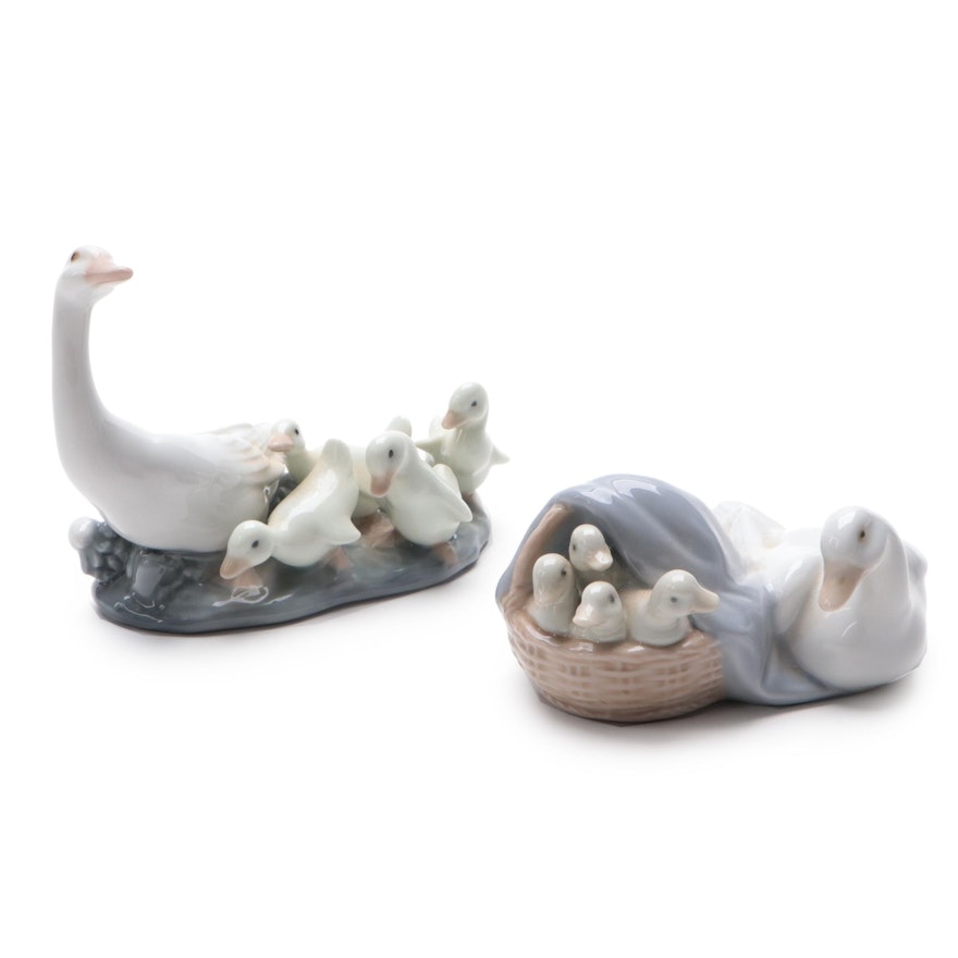 Lladró "Ducklings" and "Little Ducks After Mother" Porcelain Figurines