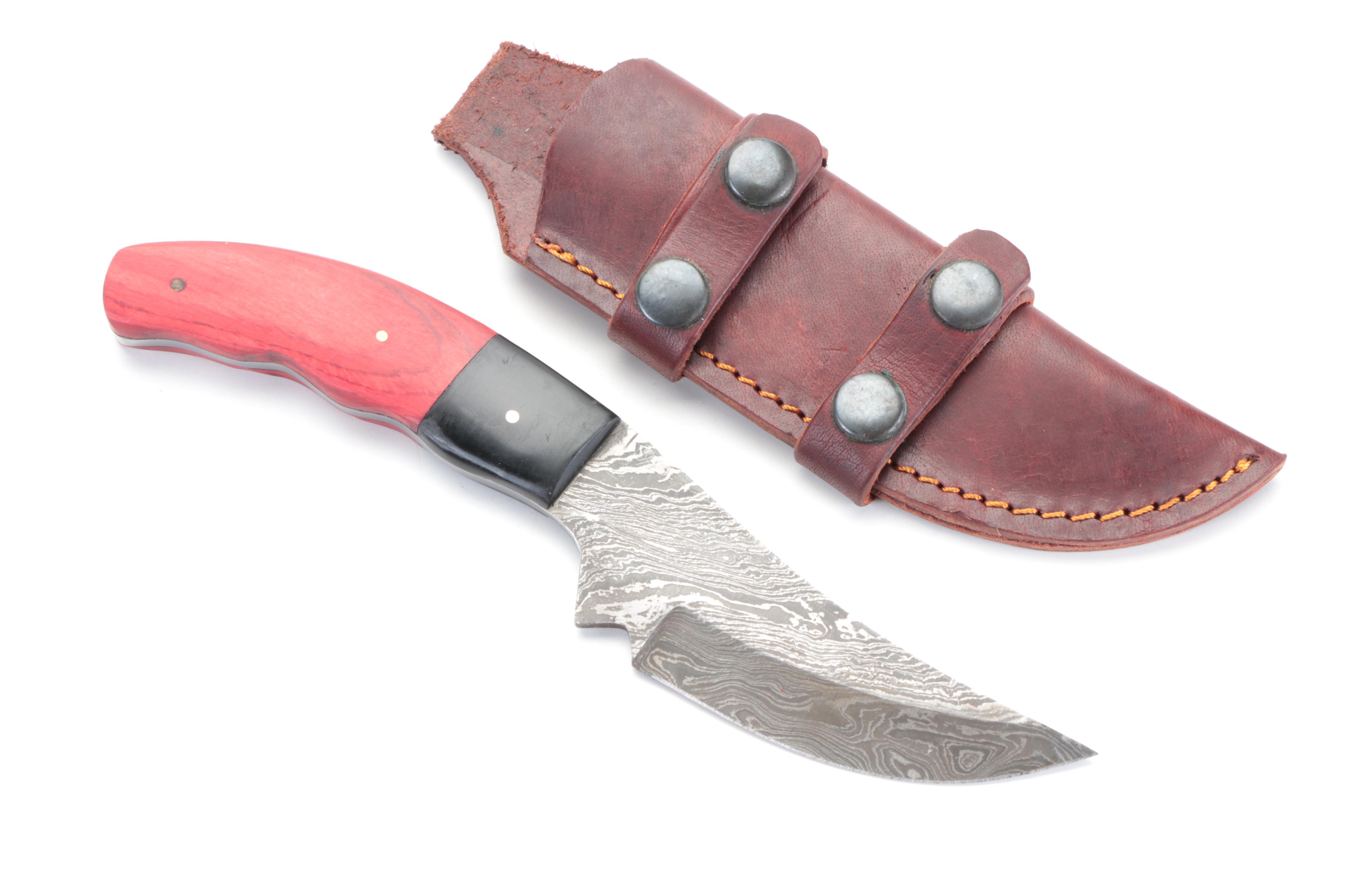 Trailing Point Knife and Damascus Fixed-Blade Knives with Leather Sheaths