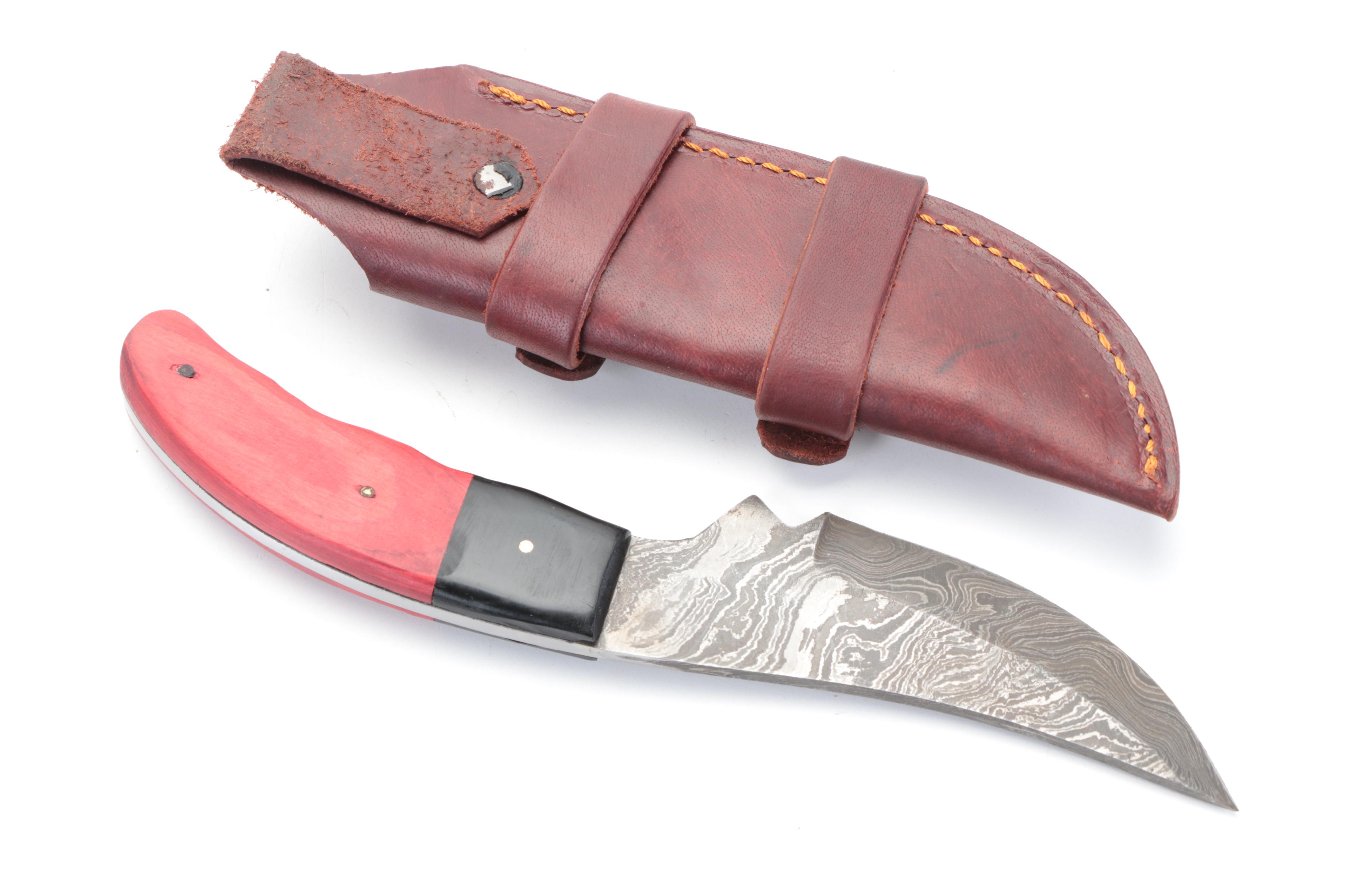 Trailing Point Knife and Damascus Fixed-Blade Knives with Leather Sheaths