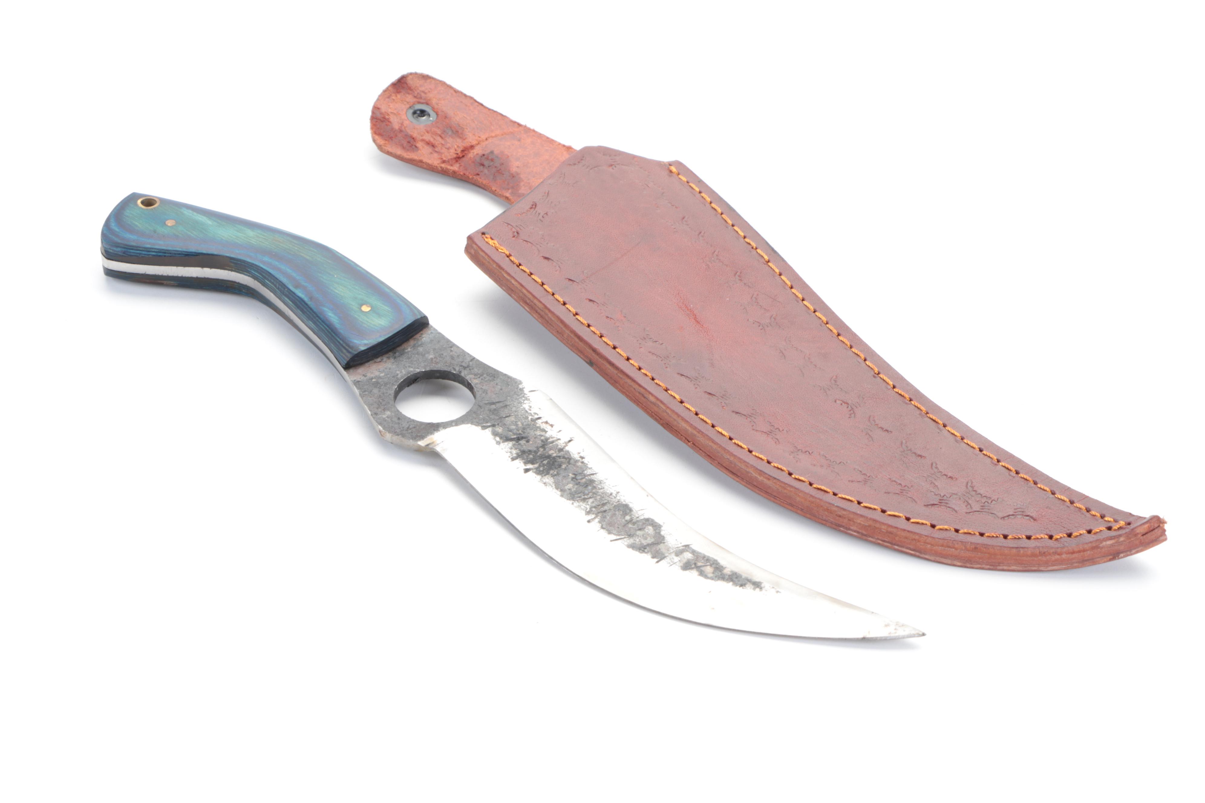 Trailing Point Knife and Damascus Fixed-Blade Knives with Leather Sheaths