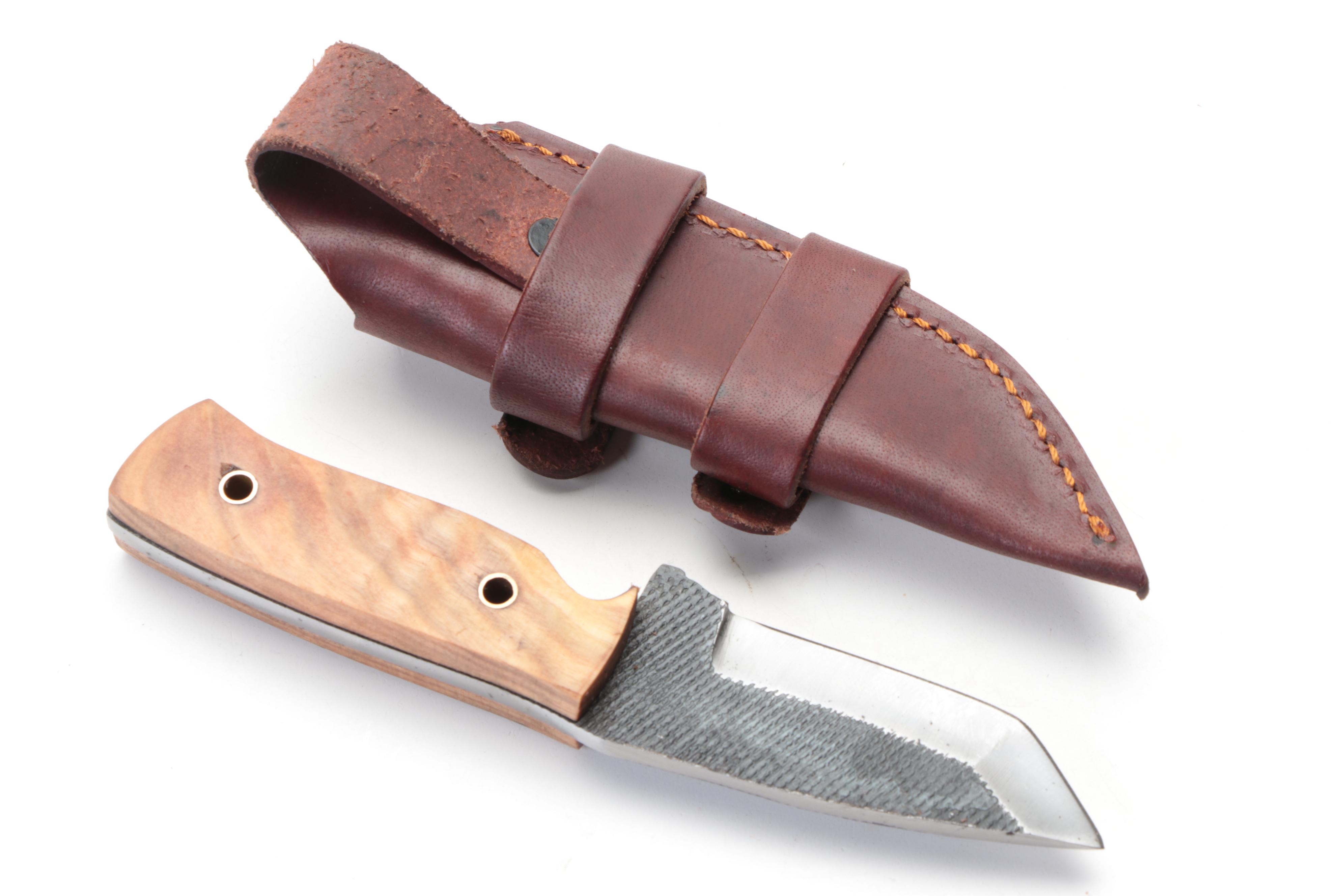 Trailing Point Knife and Damascus Fixed-Blade Knives with Leather Sheaths
