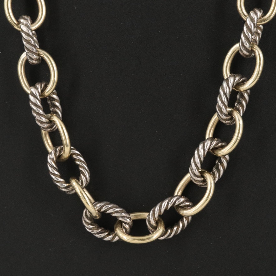 David Yurman Sterling Silver and 18K Cable Link Necklace