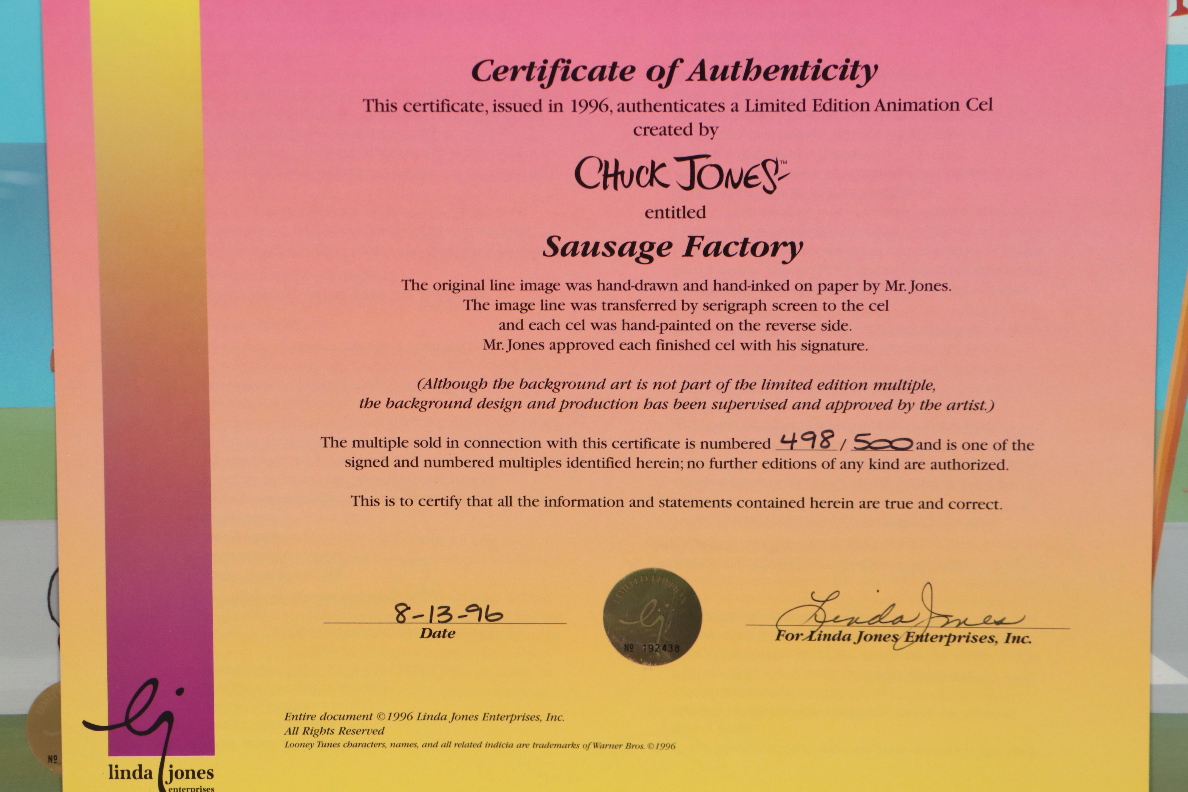 Chuck Jones Hand-Colored Animation Cel "Sausage Factory," 1996