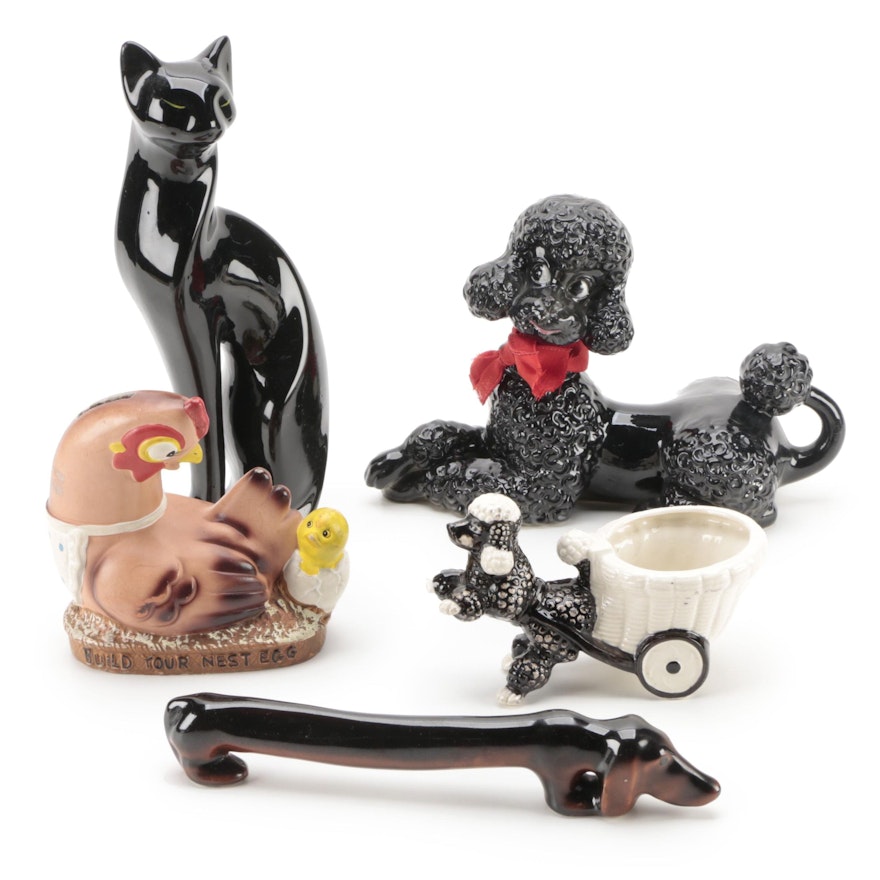 Poodle Form Figurines with Cat and Dachshund Form Figurines and Chicken Bank