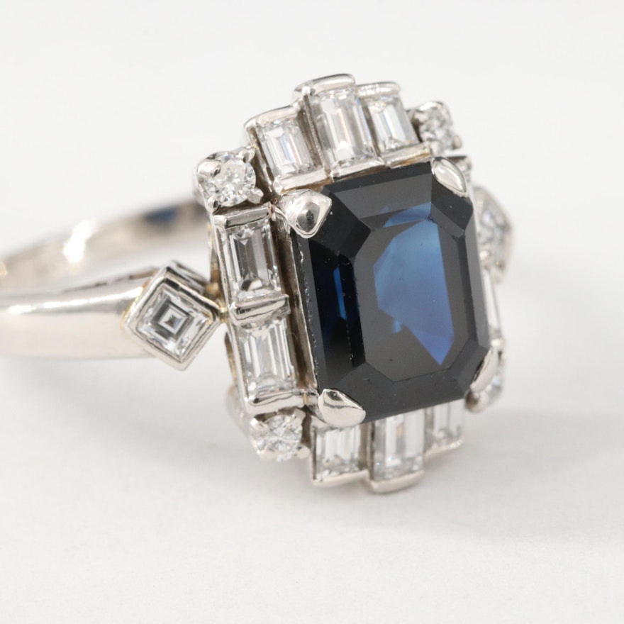 Vintage Platinum 2.45 CT Unheated Thai Sapphire and Diamond Ring with GIA Report