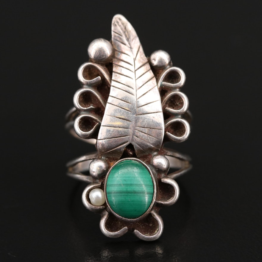 Signed Sterling Malachite Ring with Feather Applique