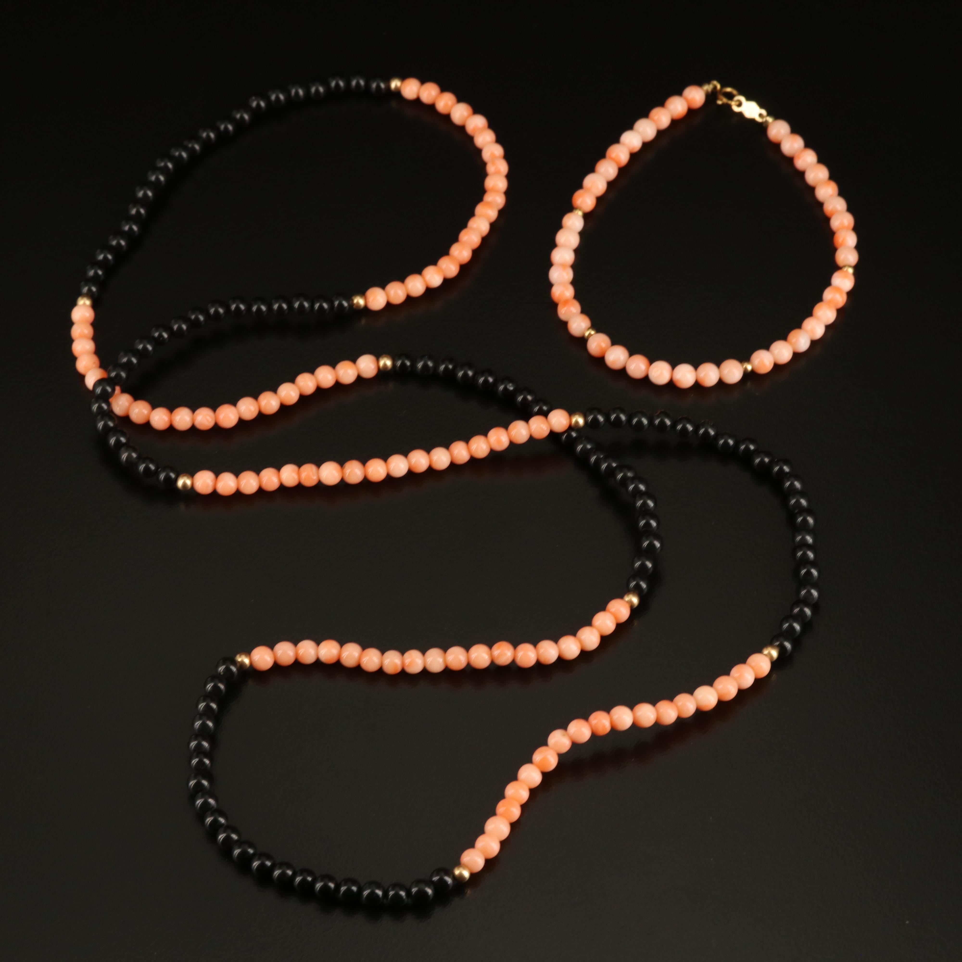 14K Coral and Black Onyx Beaded Necklace and Bracelet