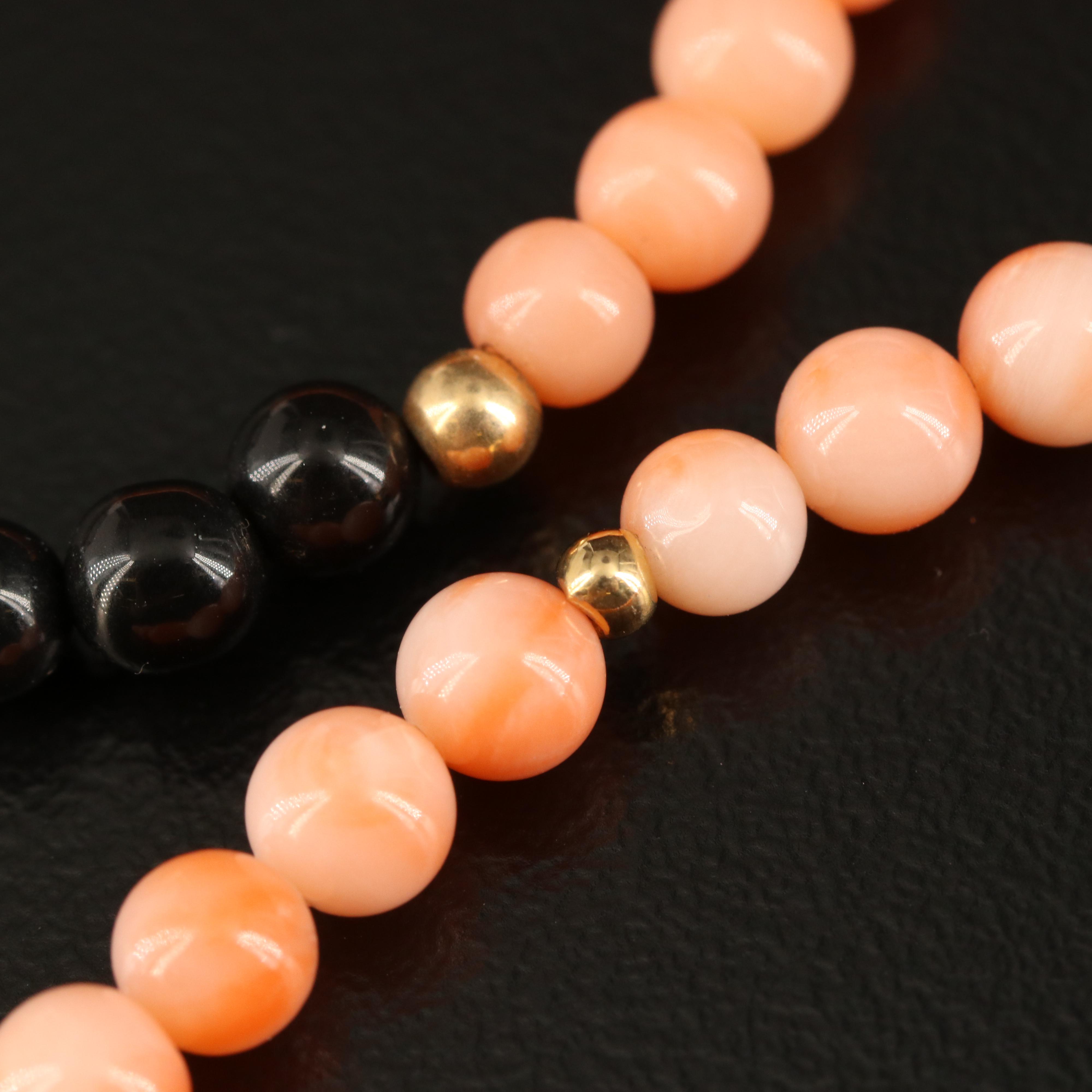 14K Coral and Black Onyx Beaded Necklace and Bracelet