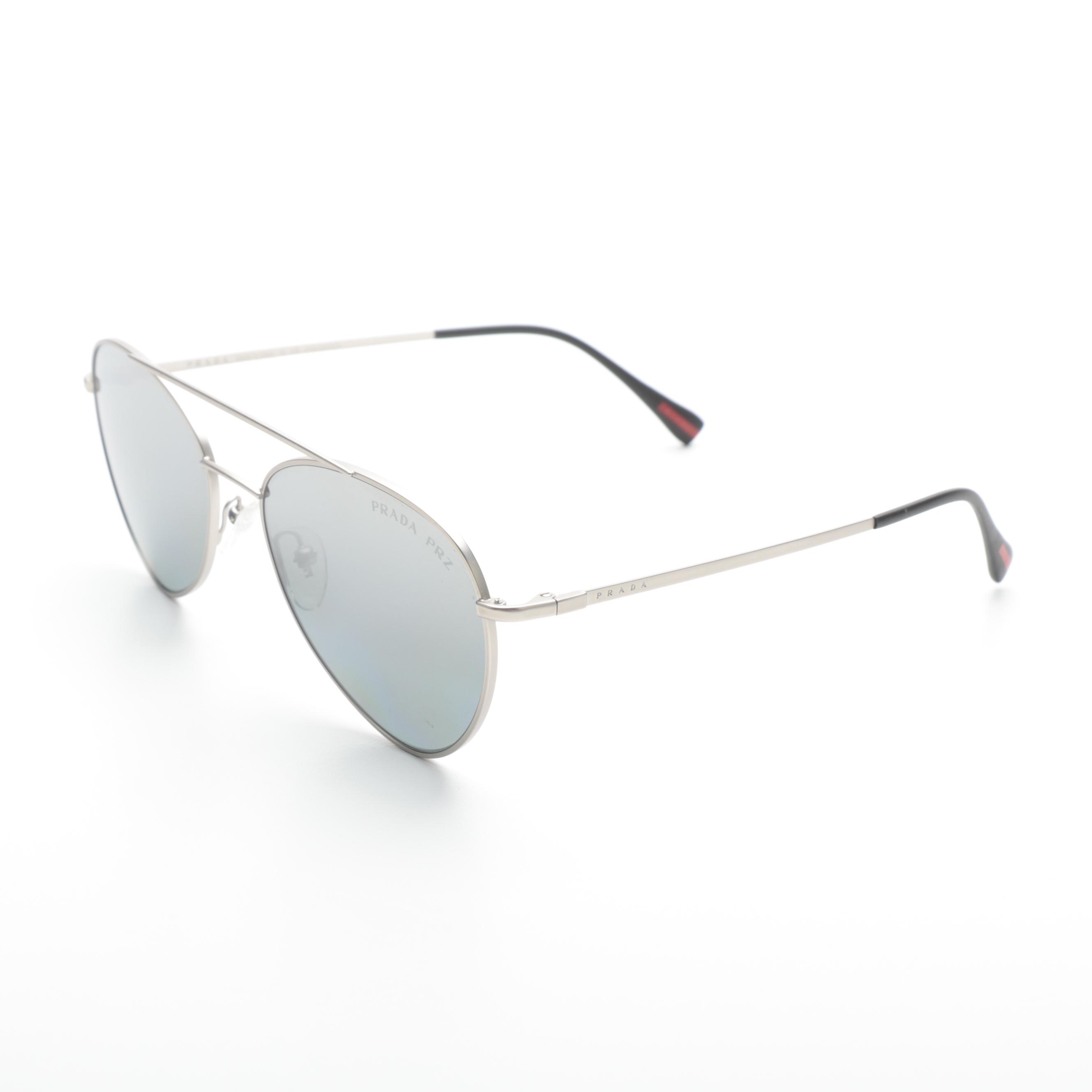 Prada PRZ Sunglasses Aviator Matte Nickel Frame Grey Polarized Lenses