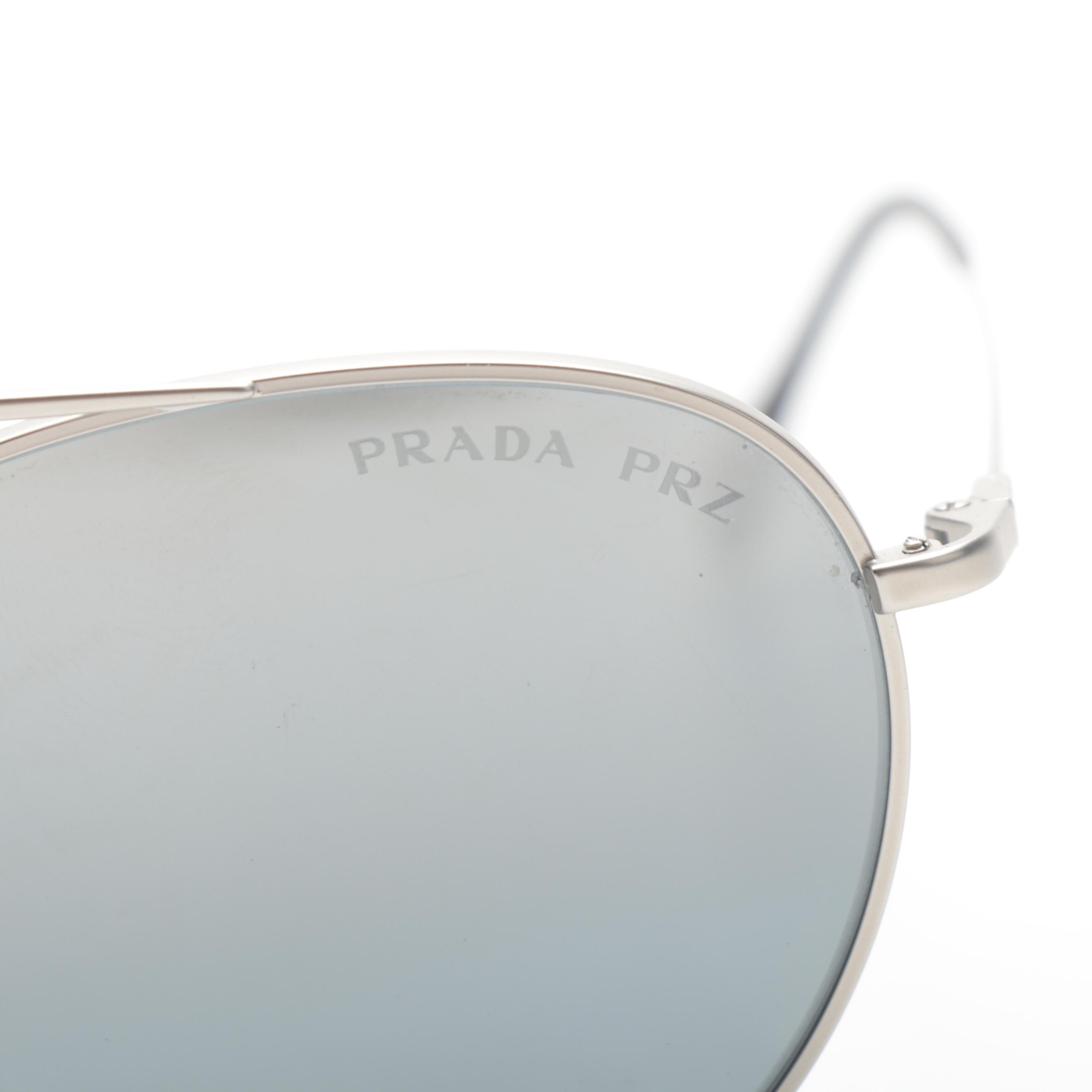 Prada PRZ Sunglasses Aviator Matte Nickel Frame Grey Polarized Lenses