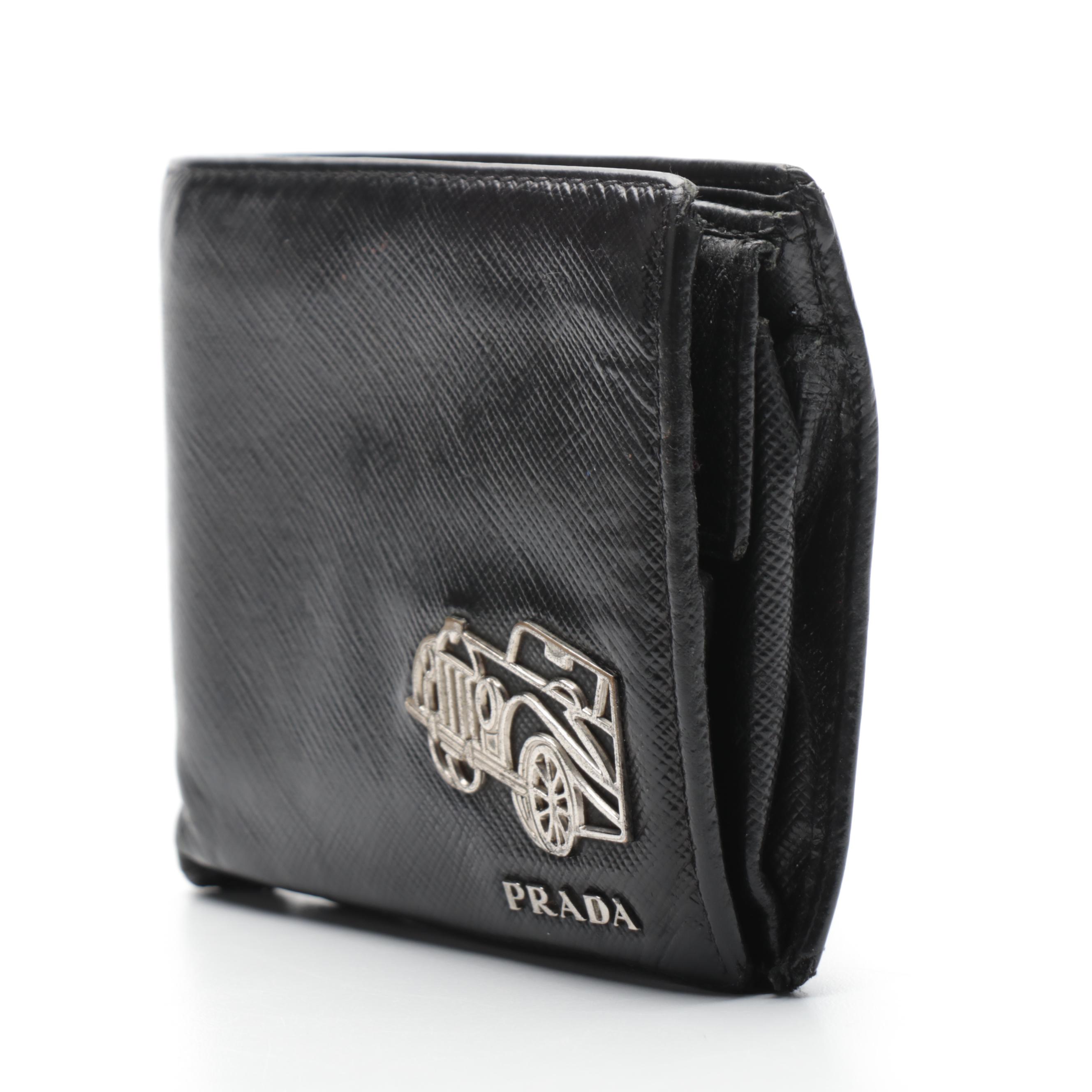 Prada Car Motif Wallet in Black Saffiano Leather