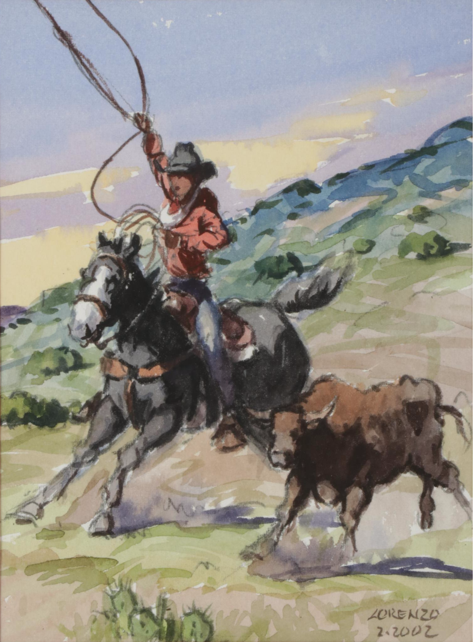 Lorenzo Castañeda Watercolor Painting of Cowboy Lassoing Bull, 2002