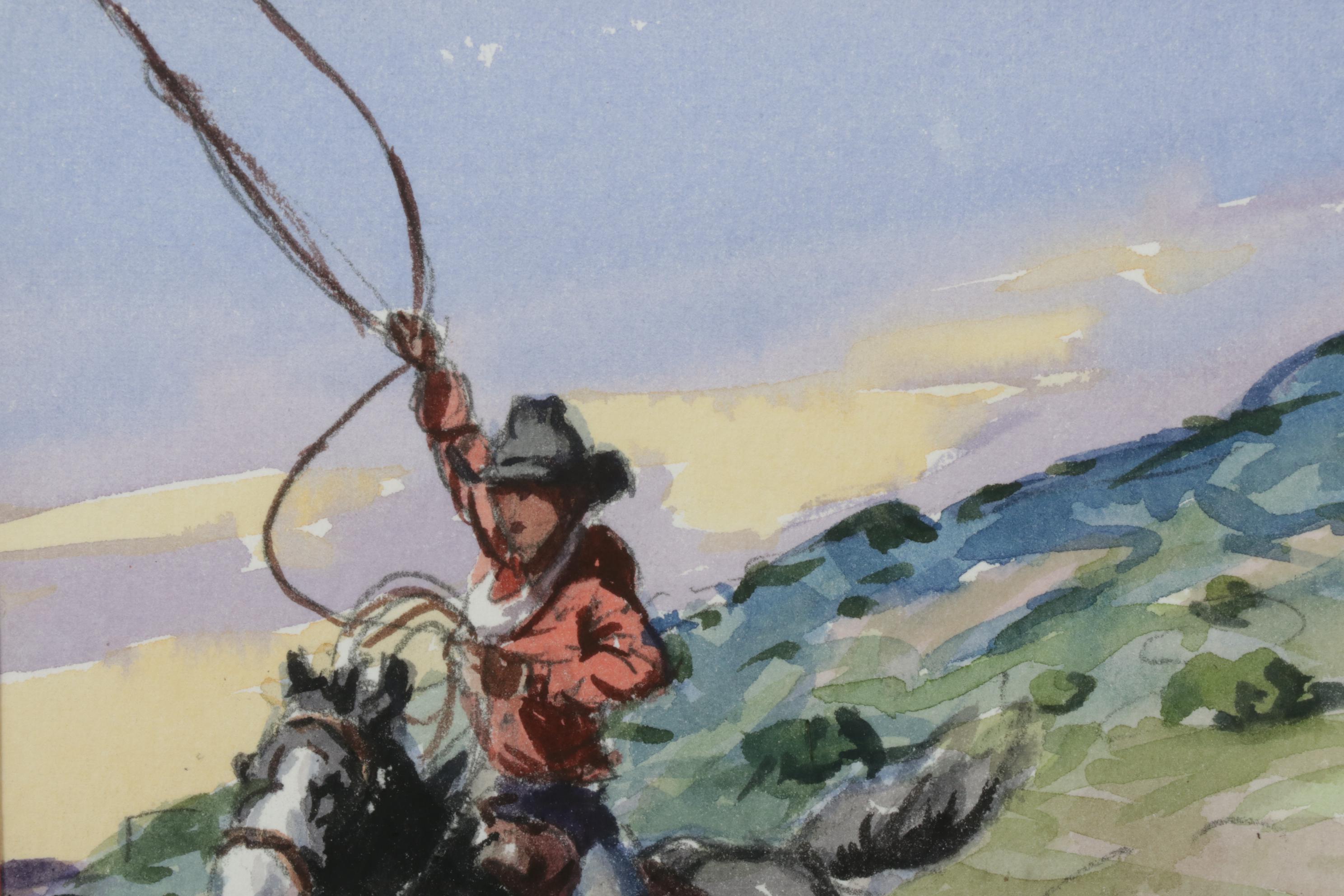 Lorenzo Castañeda Watercolor Painting of Cowboy Lassoing Bull, 2002