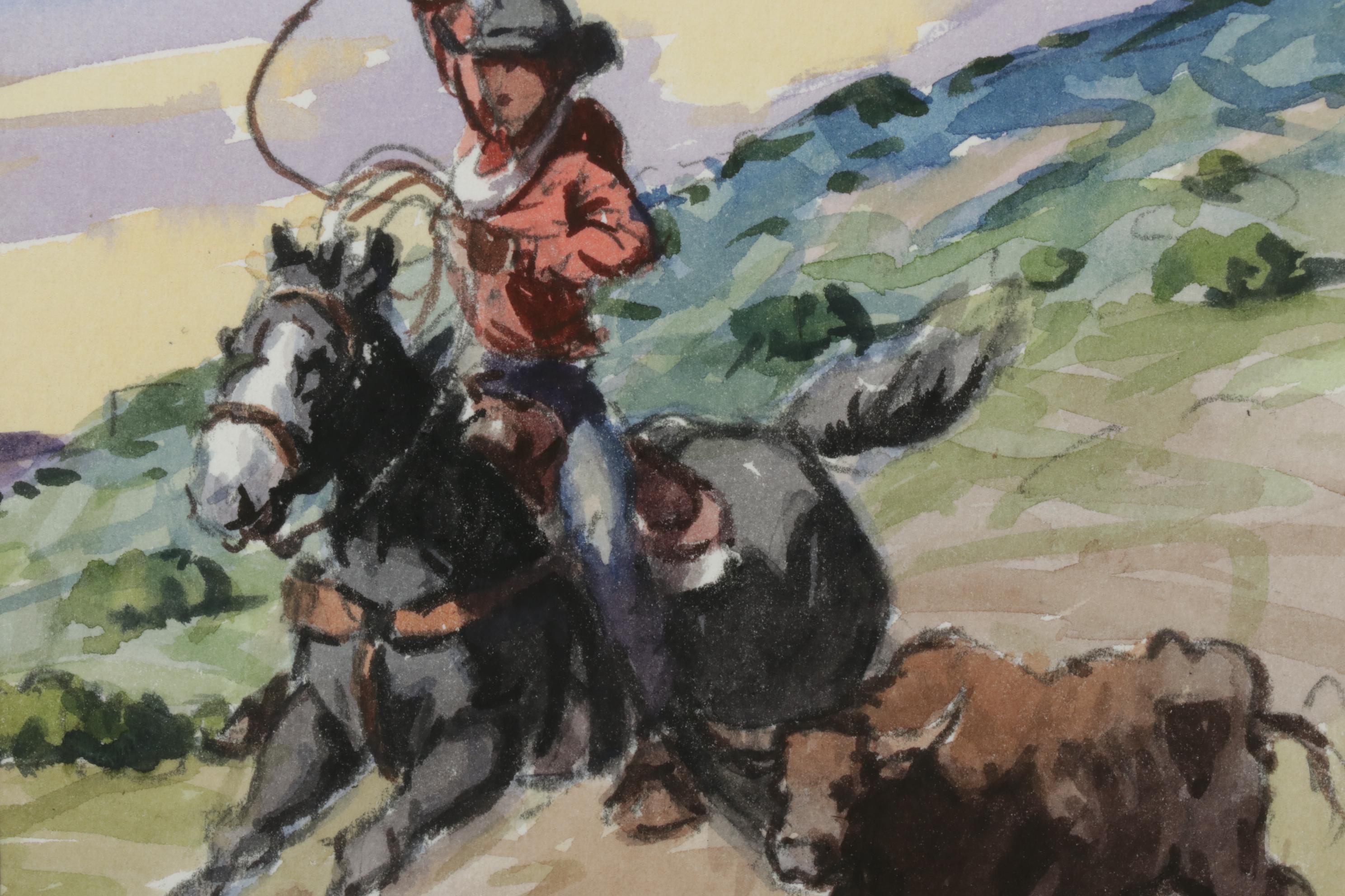 Lorenzo Castañeda Watercolor Painting of Cowboy Lassoing Bull, 2002