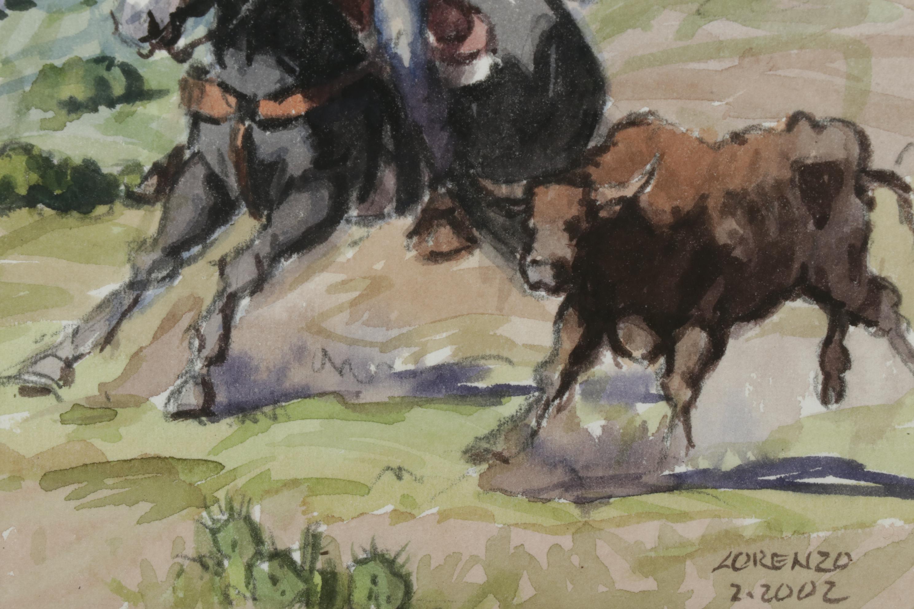 Lorenzo Castañeda Watercolor Painting of Cowboy Lassoing Bull, 2002