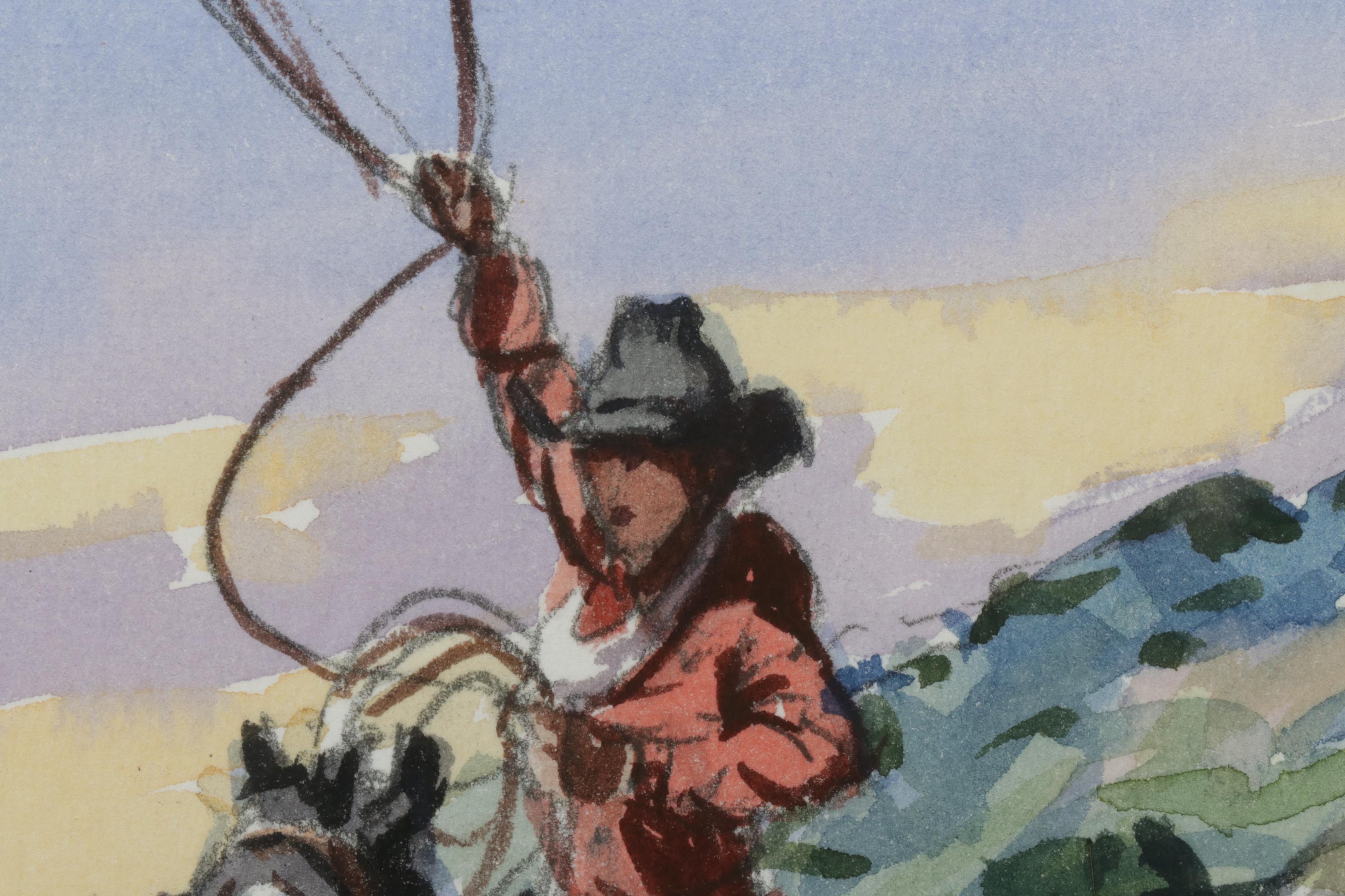 Lorenzo Castañeda Watercolor Painting of Cowboy Lassoing Bull, 2002