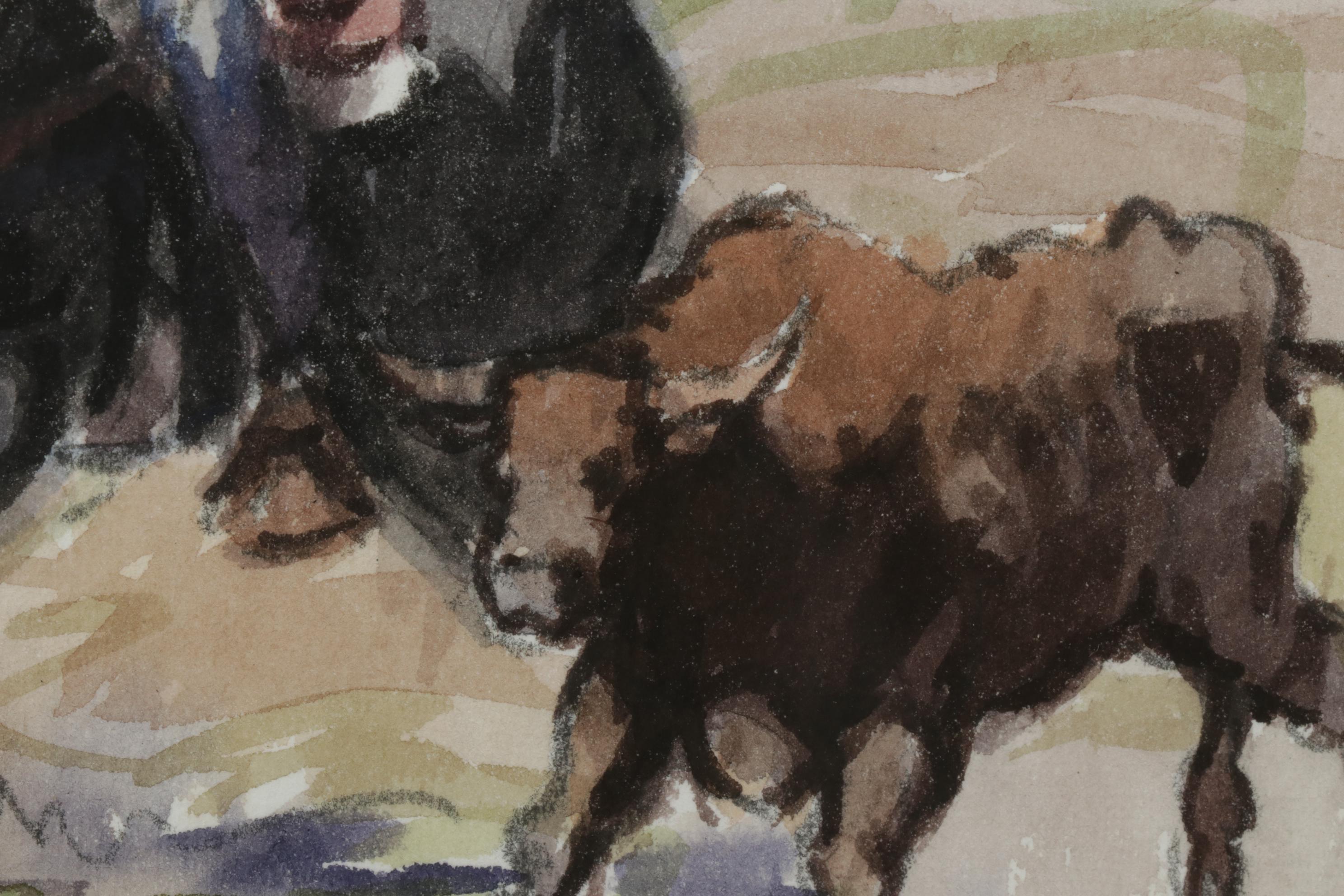 Lorenzo Castañeda Watercolor Painting of Cowboy Lassoing Bull, 2002