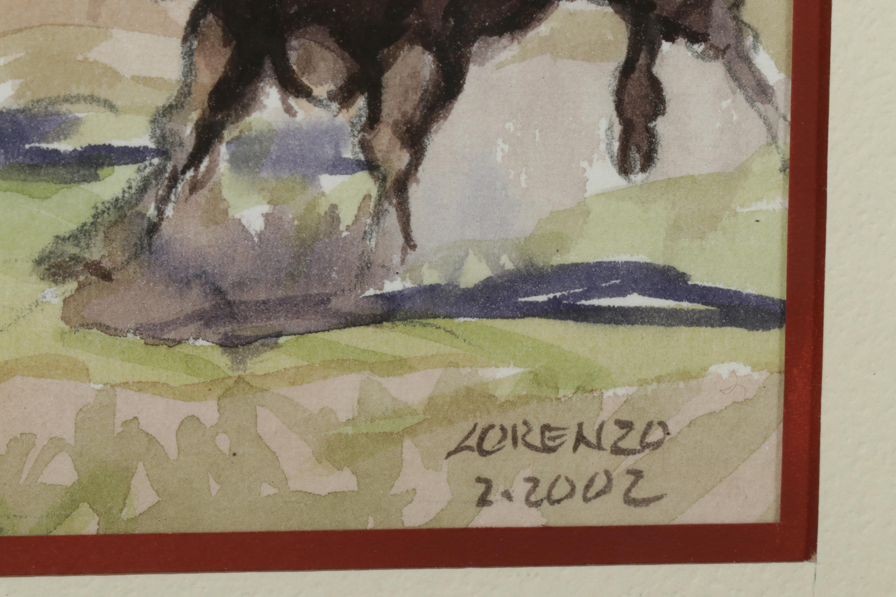 Lorenzo Castañeda Watercolor Painting of Cowboy Lassoing Bull, 2002