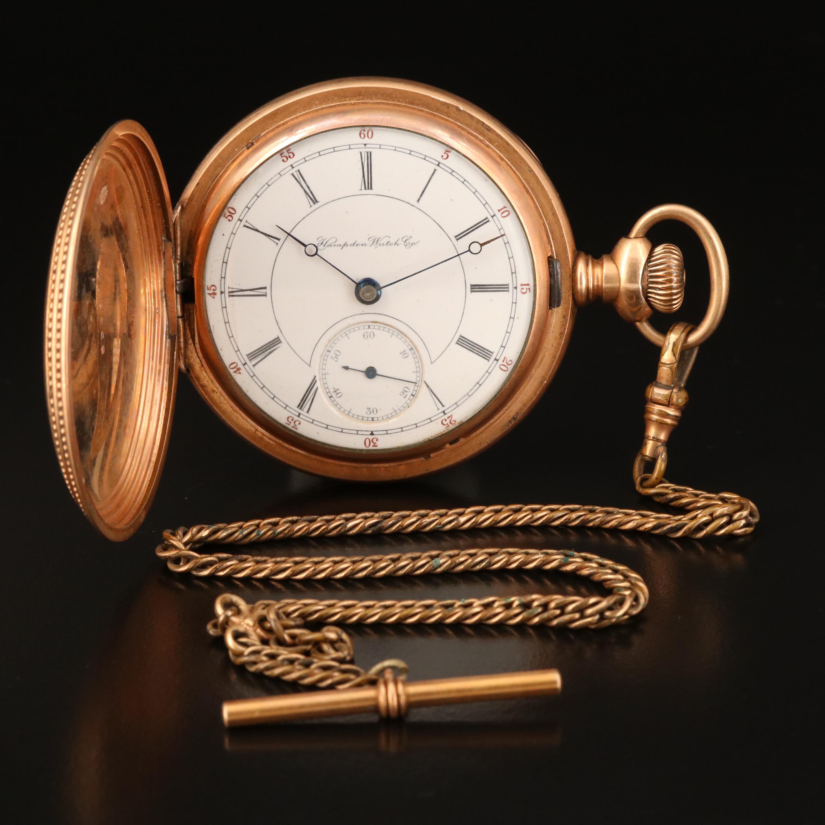 1898 Hampden Gold Filled Hunting Case Pocket Watch with Chain Fob