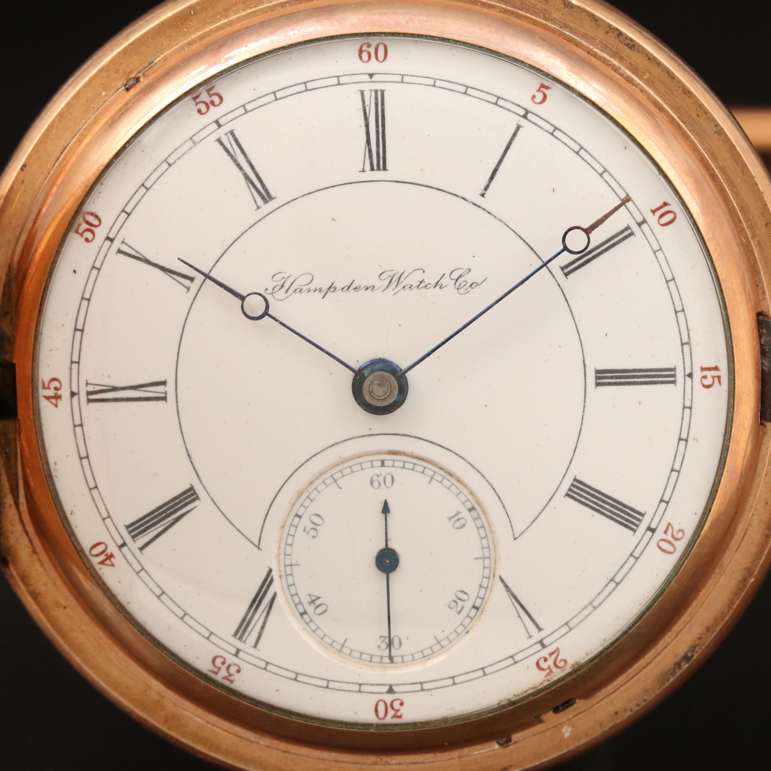 1898 Hampden Gold Filled Hunting Case Pocket Watch with Chain Fob