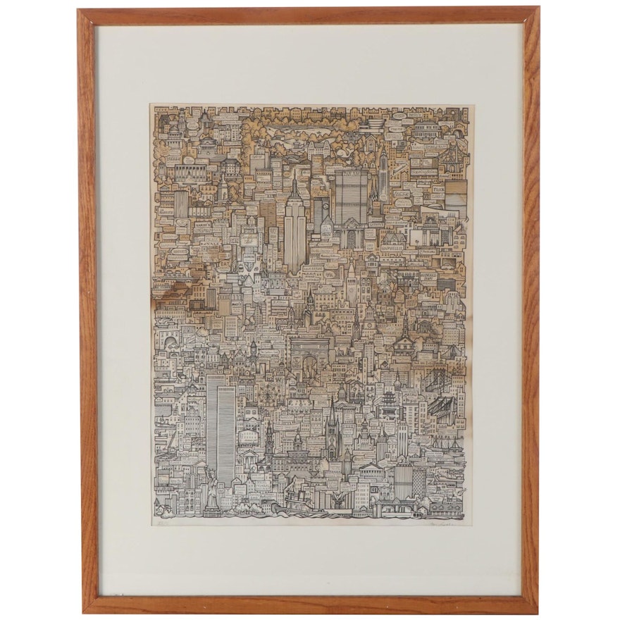 Cityscape Lithograph, Late 20th Century