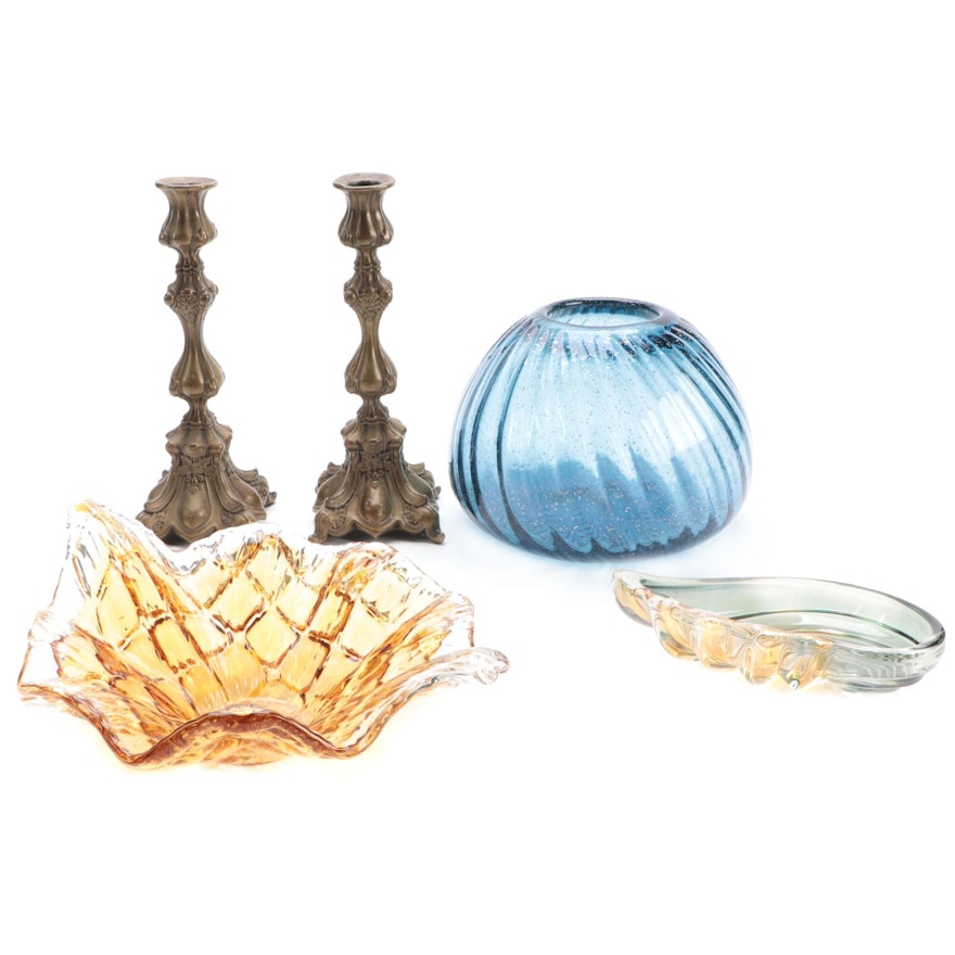 Venetian Style Art Glass Decorative Bowls with Metal Candlesticks