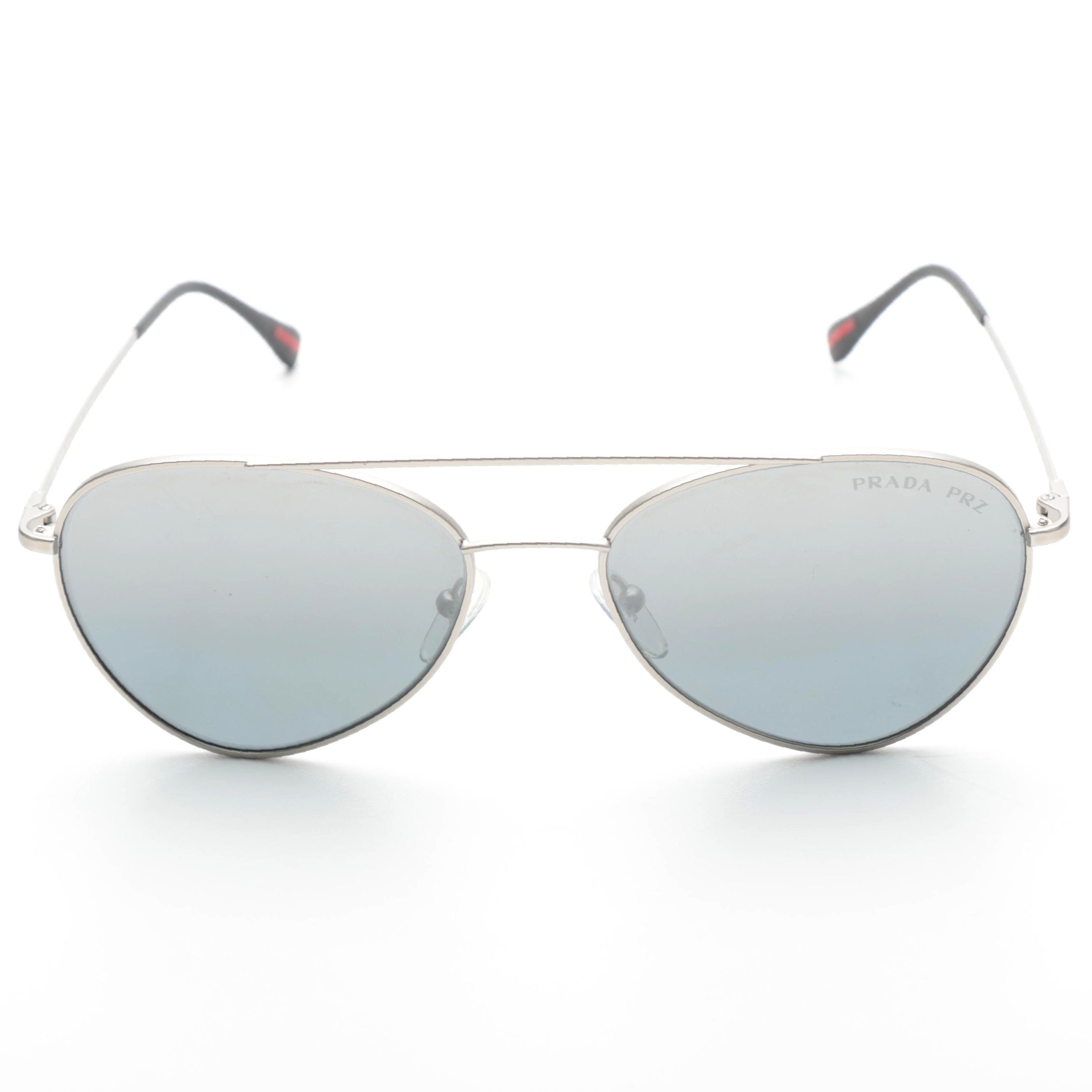 Prada PRZ Sunglasses Aviator Matte Nickel Frame Grey Polarized Lenses