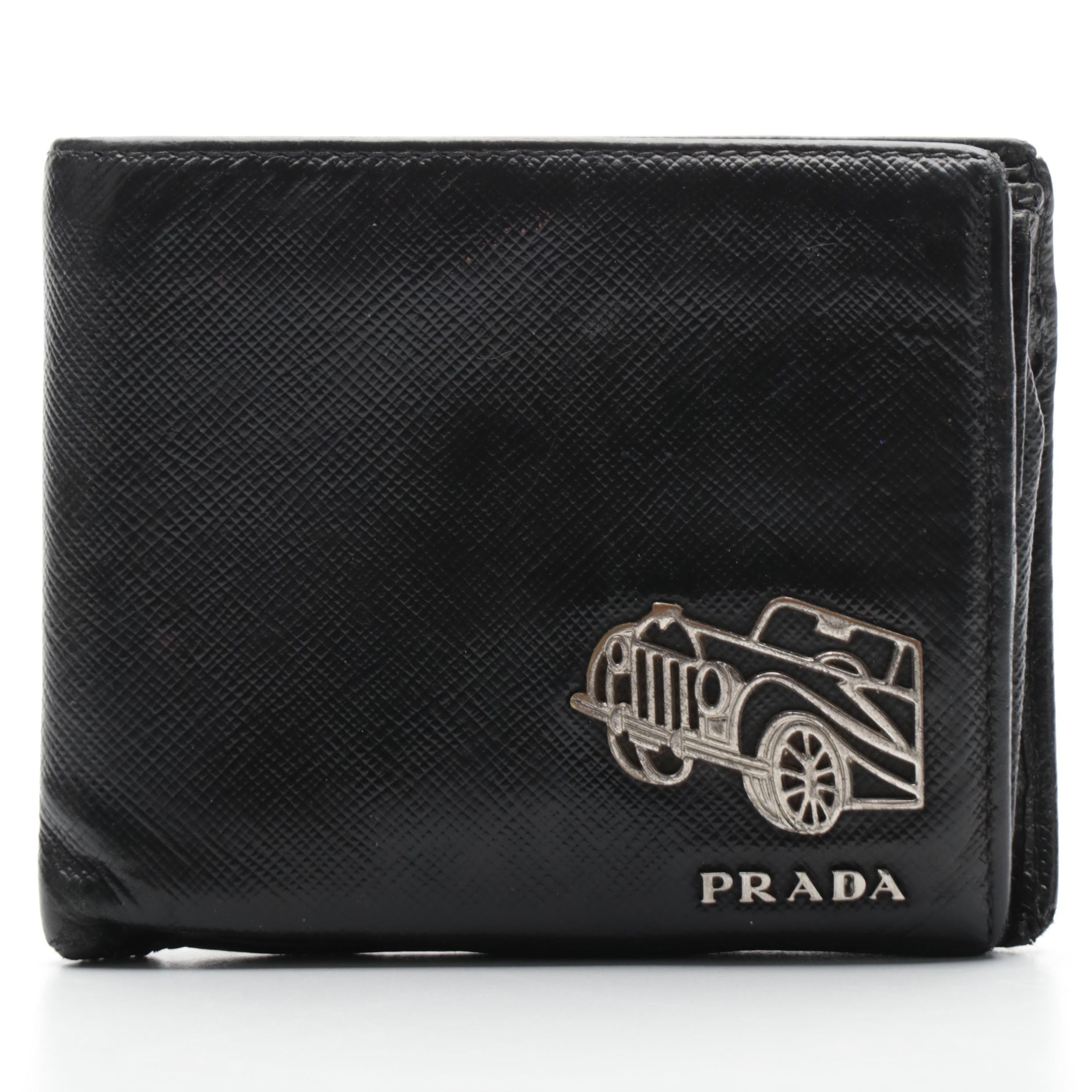 Prada Car Motif Wallet in Black Saffiano Leather
