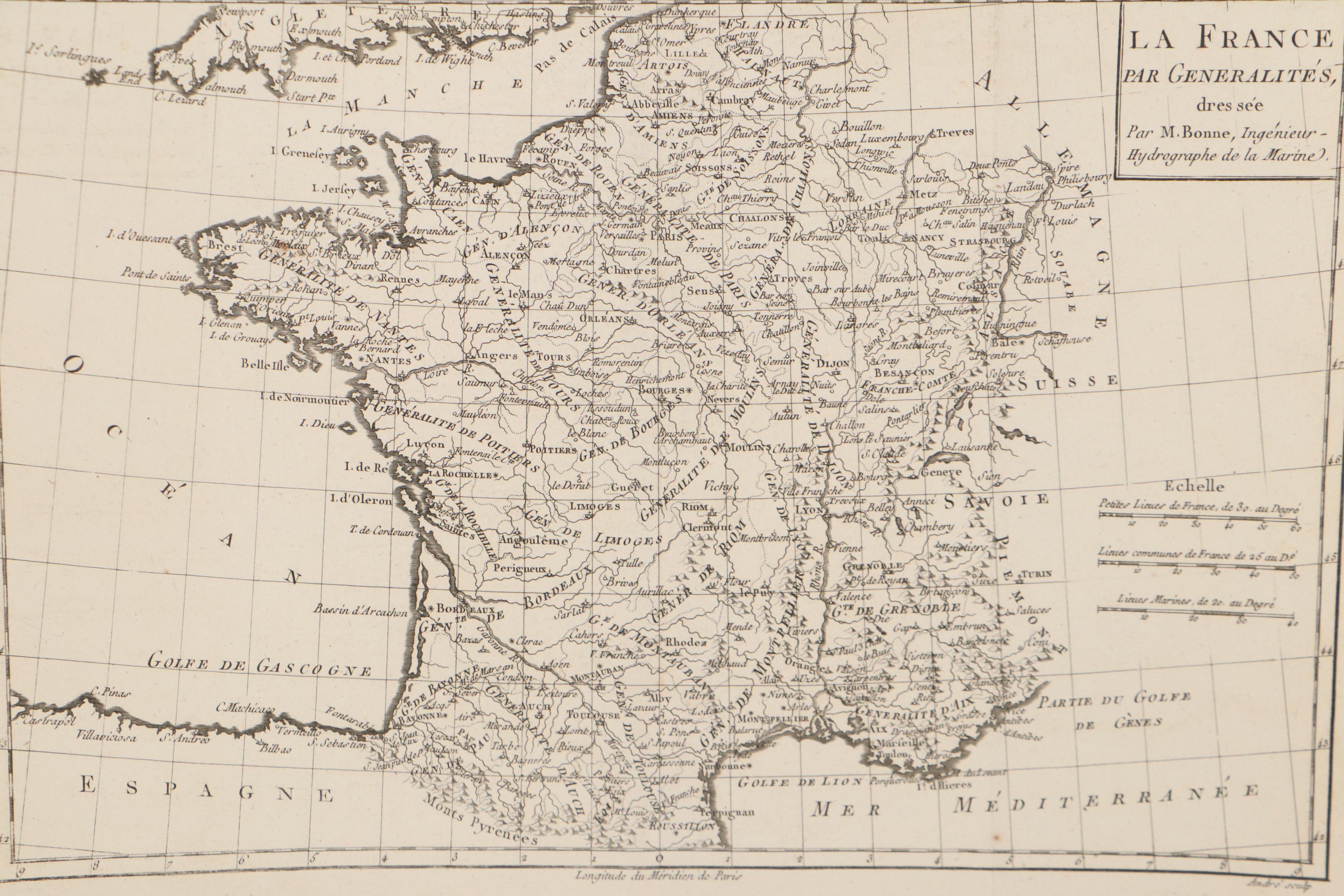 Rigobert Bonne Engraving Map of France, 1780