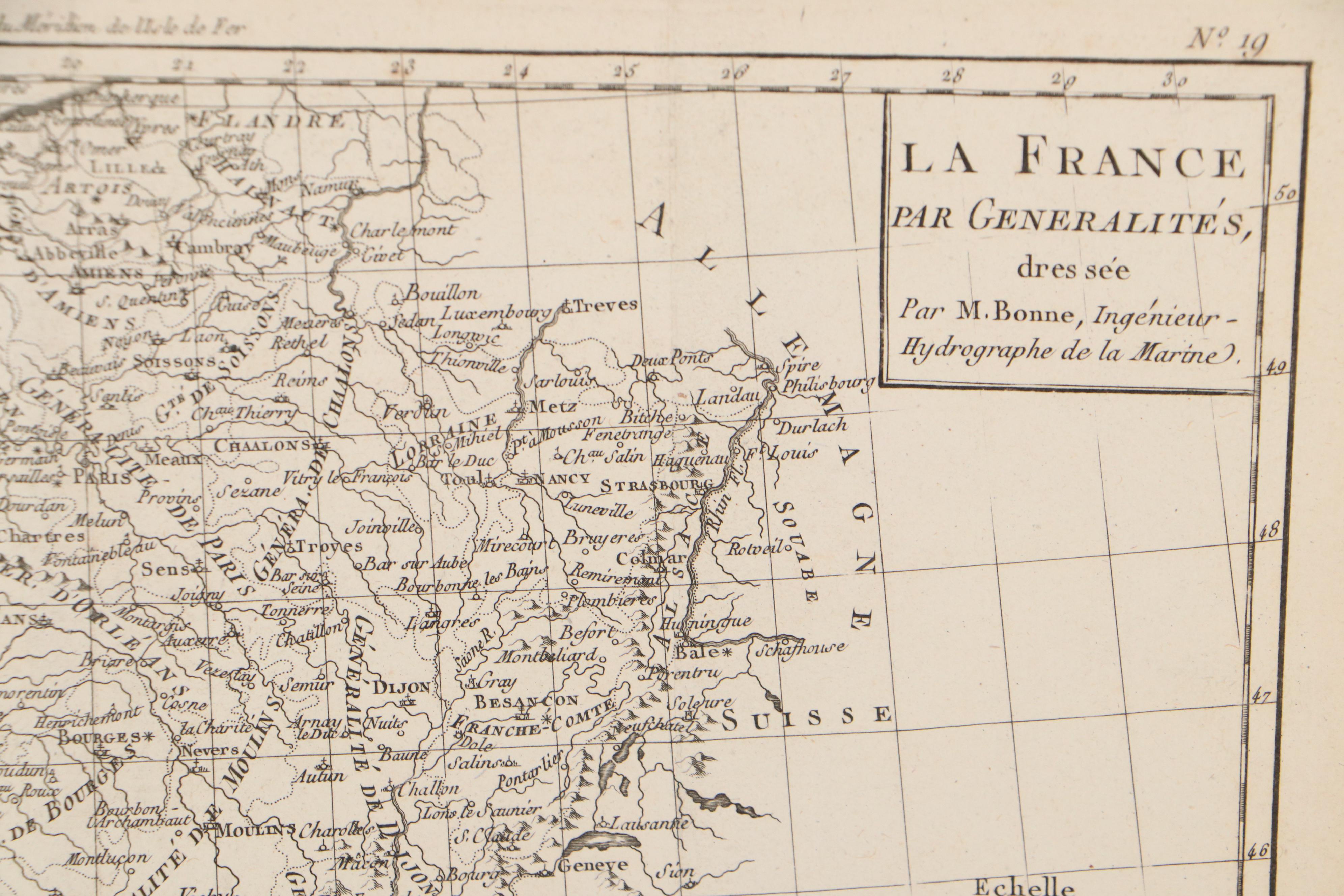 Rigobert Bonne Engraving Map of France, 1780