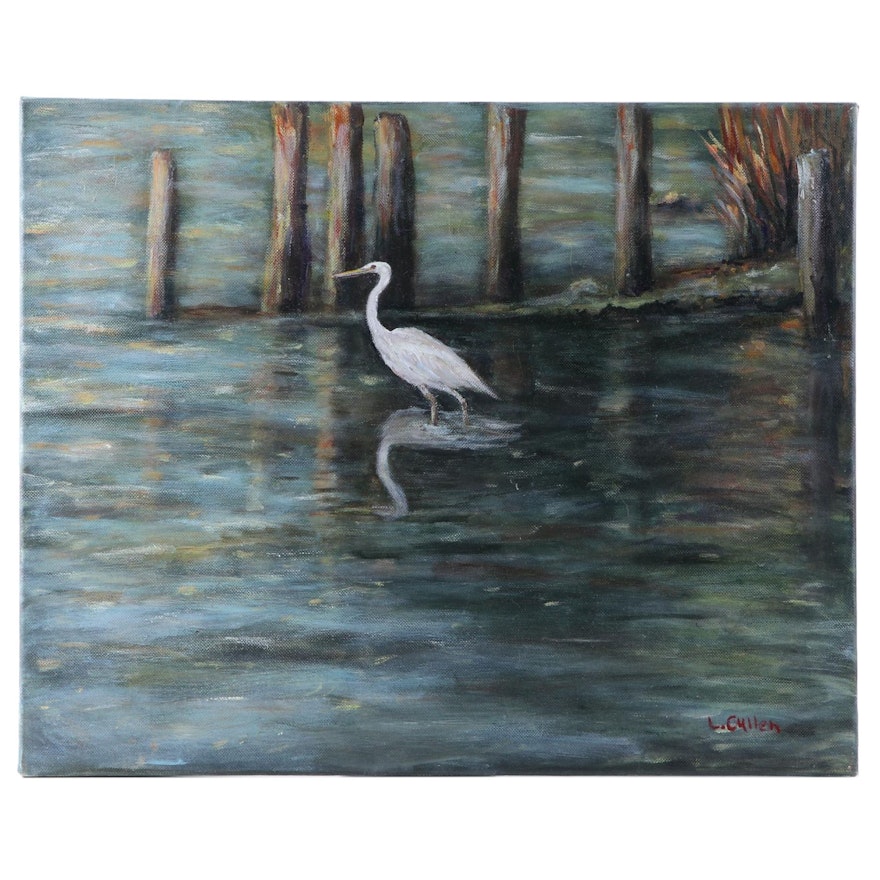 Oil Painting of Shoreline and Bird, Circa 2000