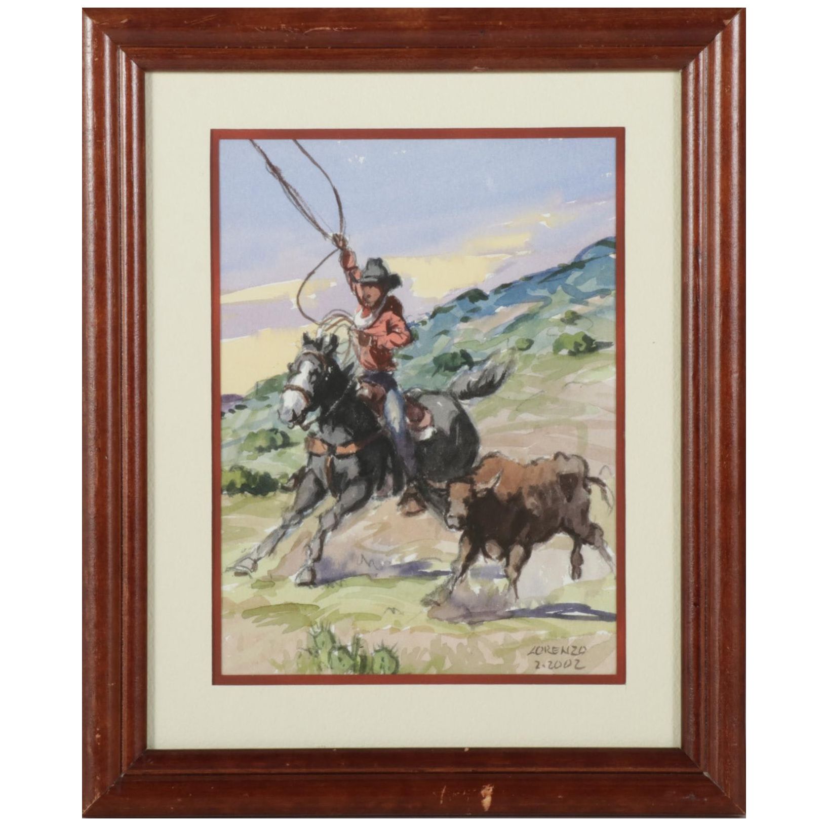Lorenzo Castañeda Watercolor Painting of Cowboy Lassoing Bull, 2002