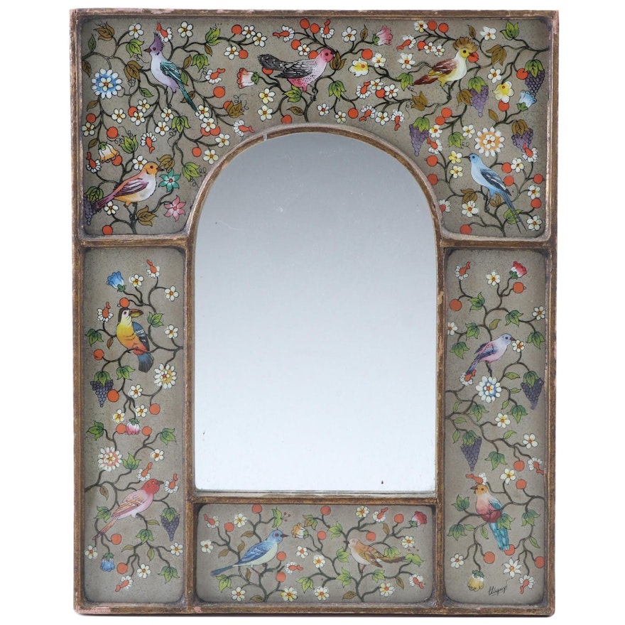 Stenciled Reverse Glass Painted Mirror with Song Birds, Mid to Late 20th Century