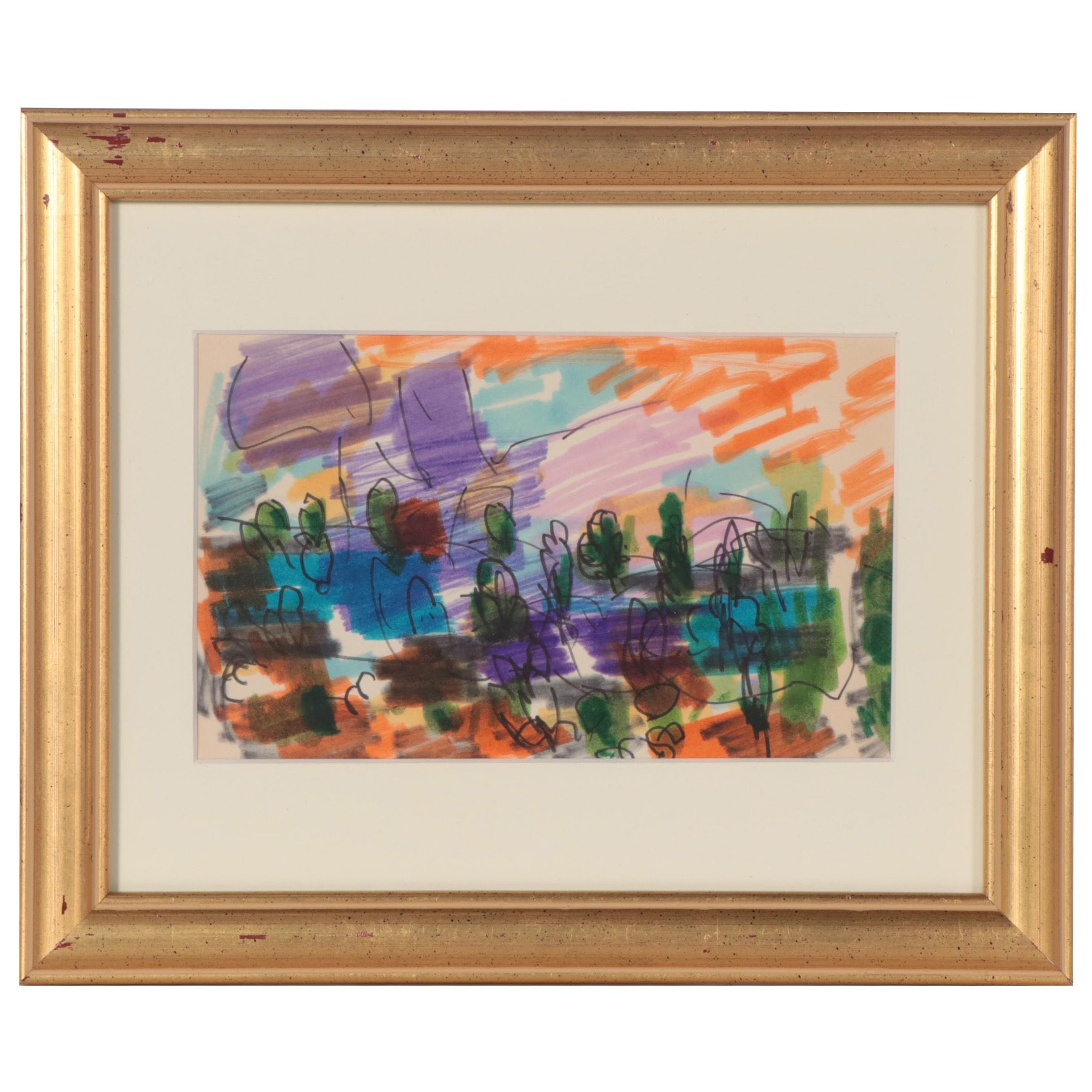 Paul Chidlaw Abstract Landscape Marker Drawing, Mid-20th Century
