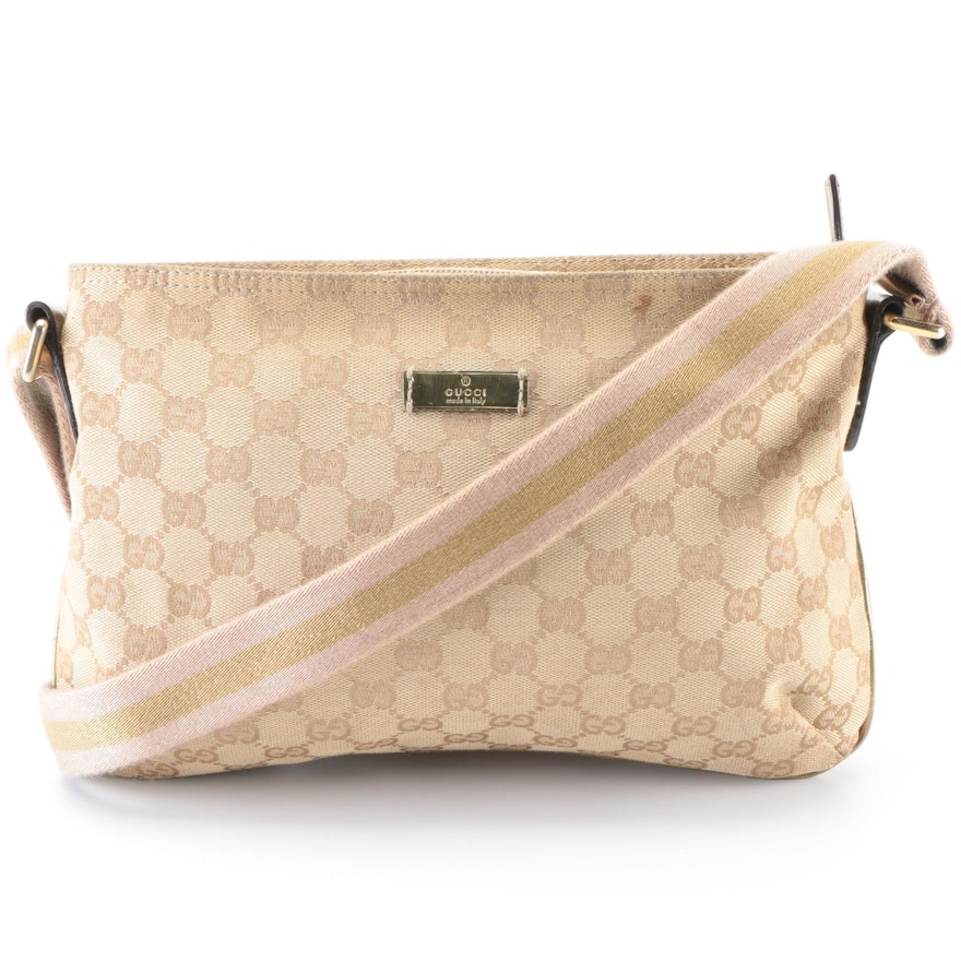 Gucci Shoulder Bag in GG Canvas and Metallic Leather with Web Shoulder Strap