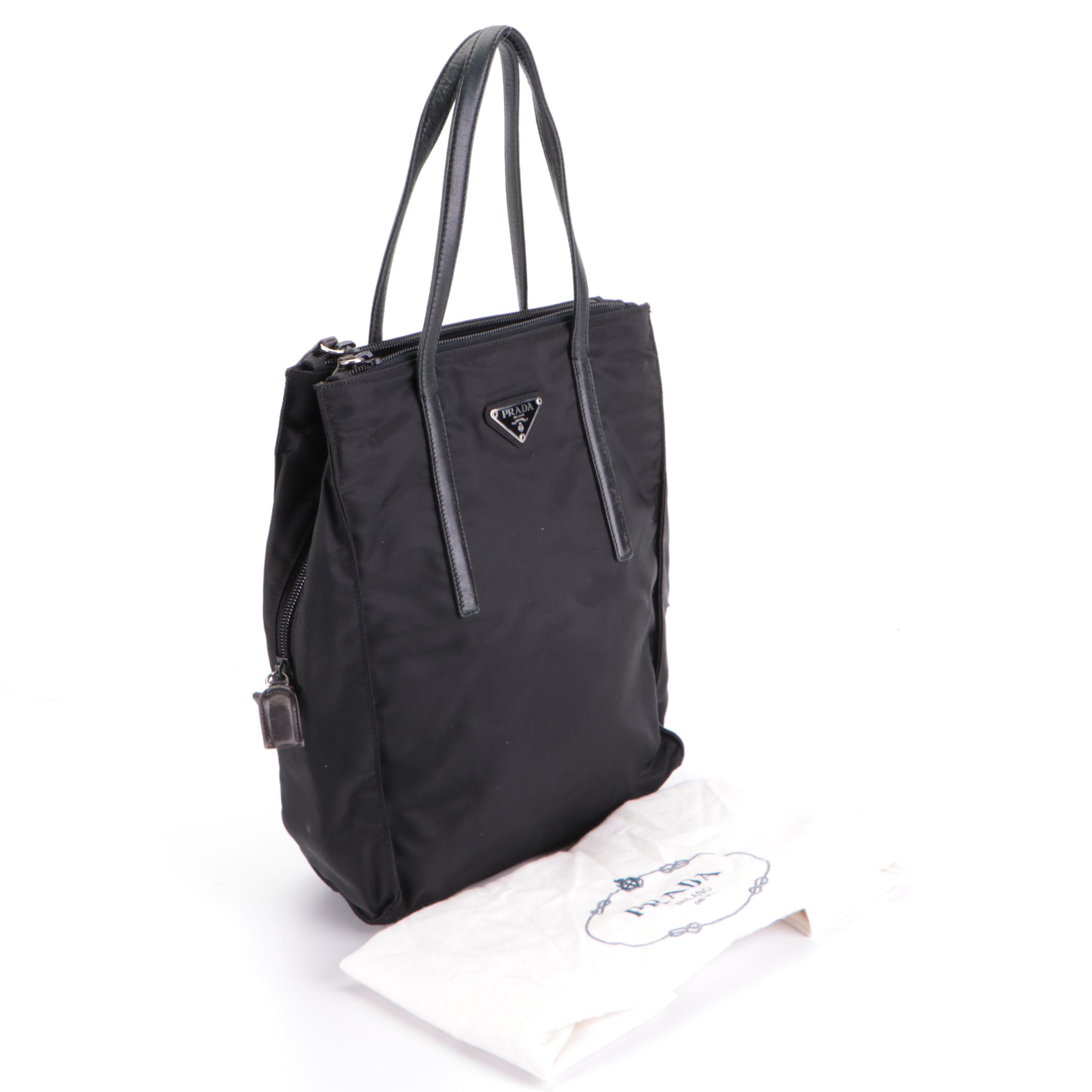 Prada Small Vertical Tote Bag in Black Tessuto Nylon and Black Leather Trim