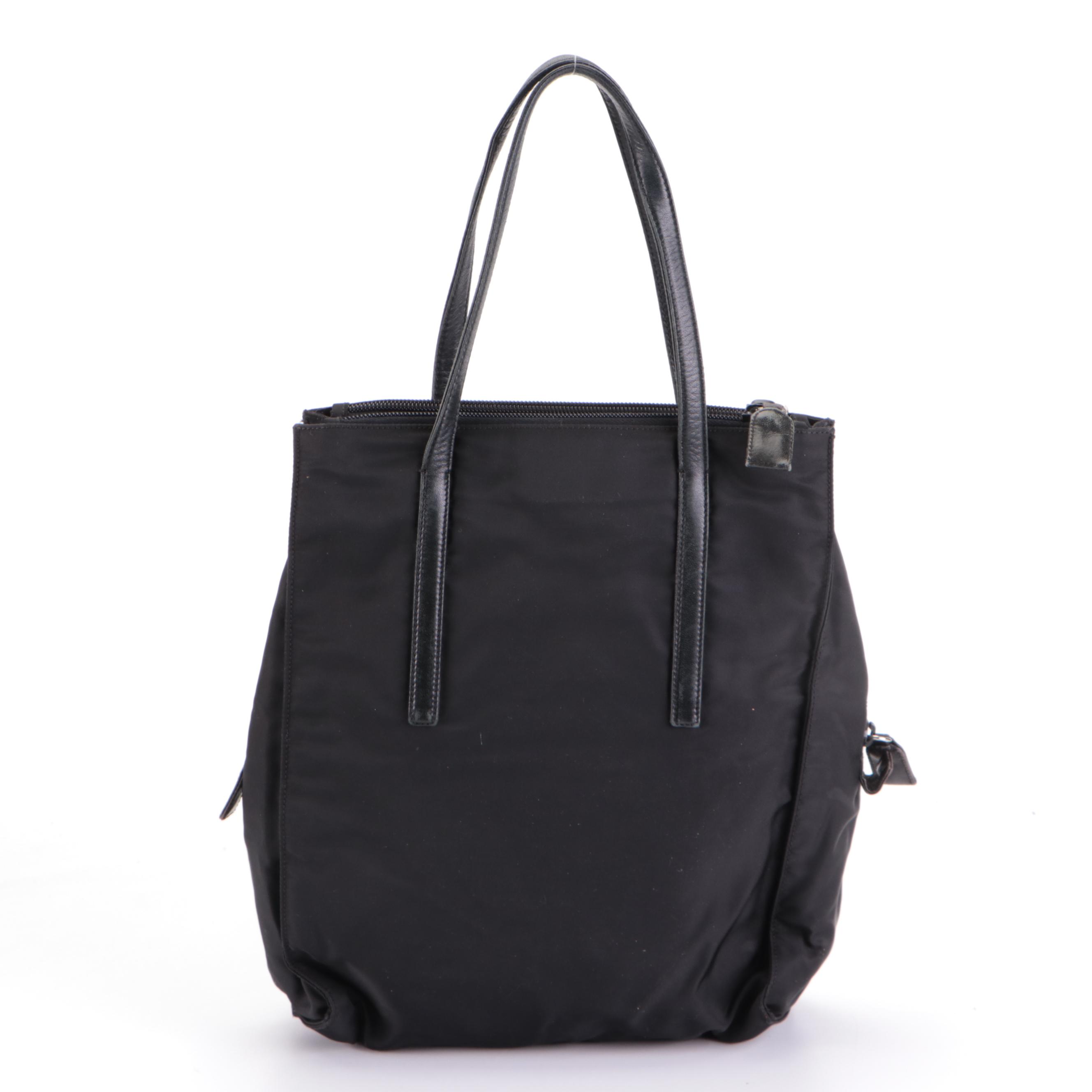 Prada Small Vertical Tote Bag in Black Tessuto Nylon and Black Leather Trim