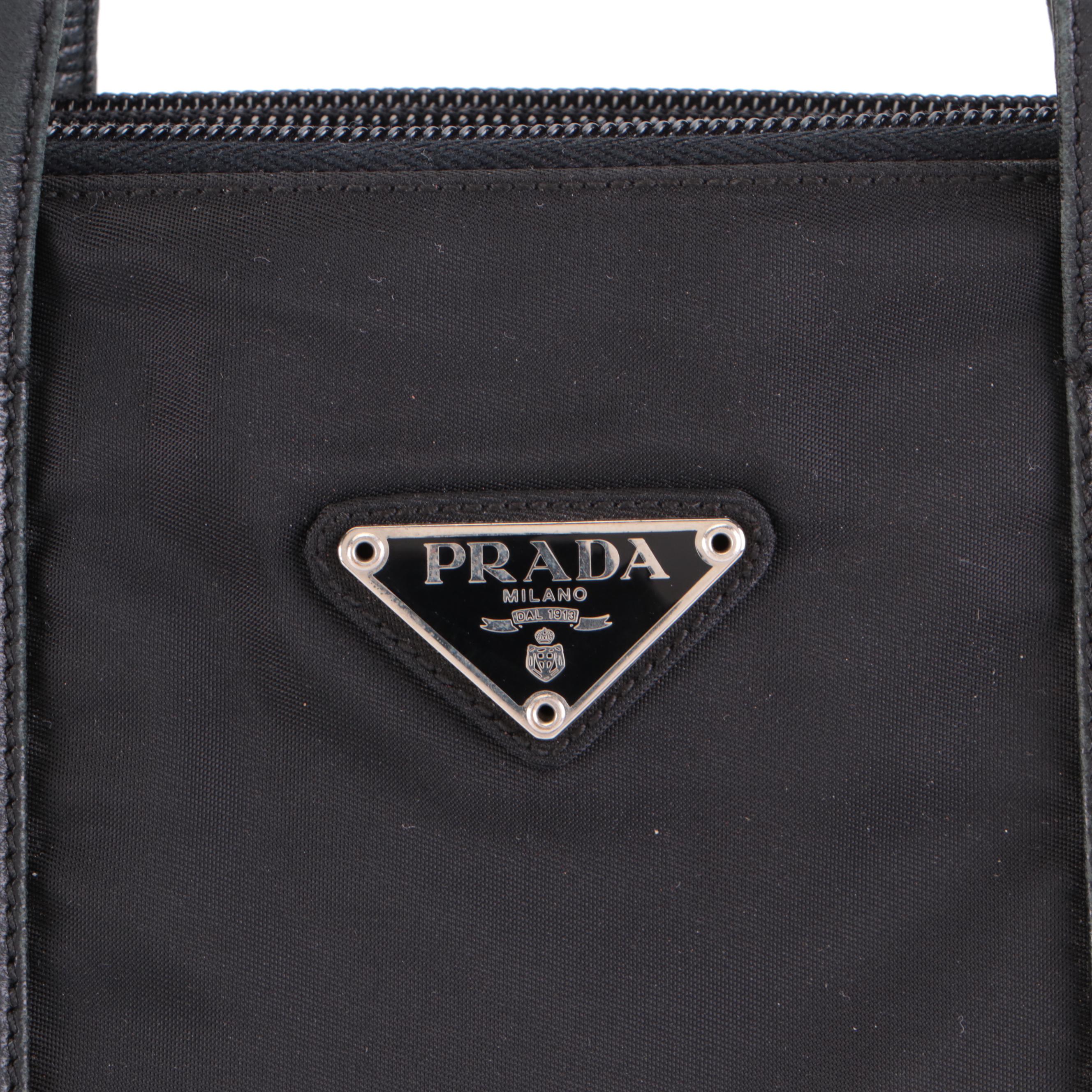 Prada Small Vertical Tote Bag in Black Tessuto Nylon and Black Leather Trim