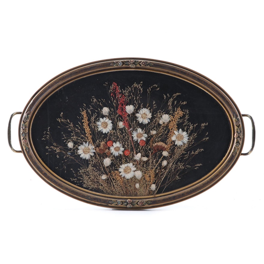 Victorian Style Dried Flower Elliptical Glazed Tray