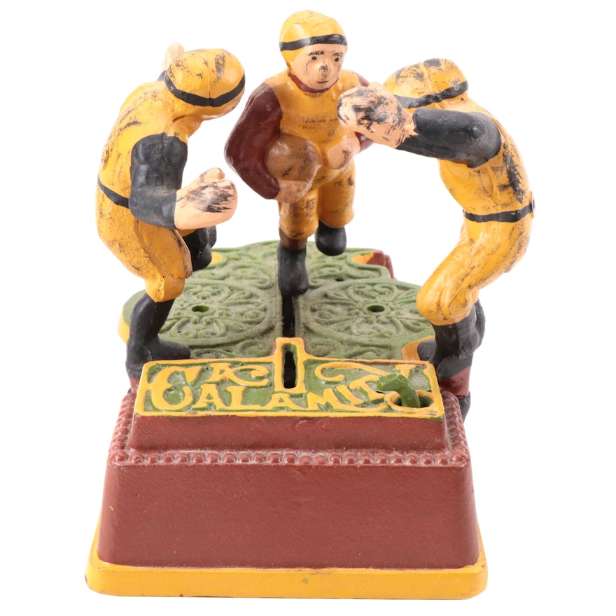 Cast Iron "Calamity" Football Mechanical Coin Bank Replica