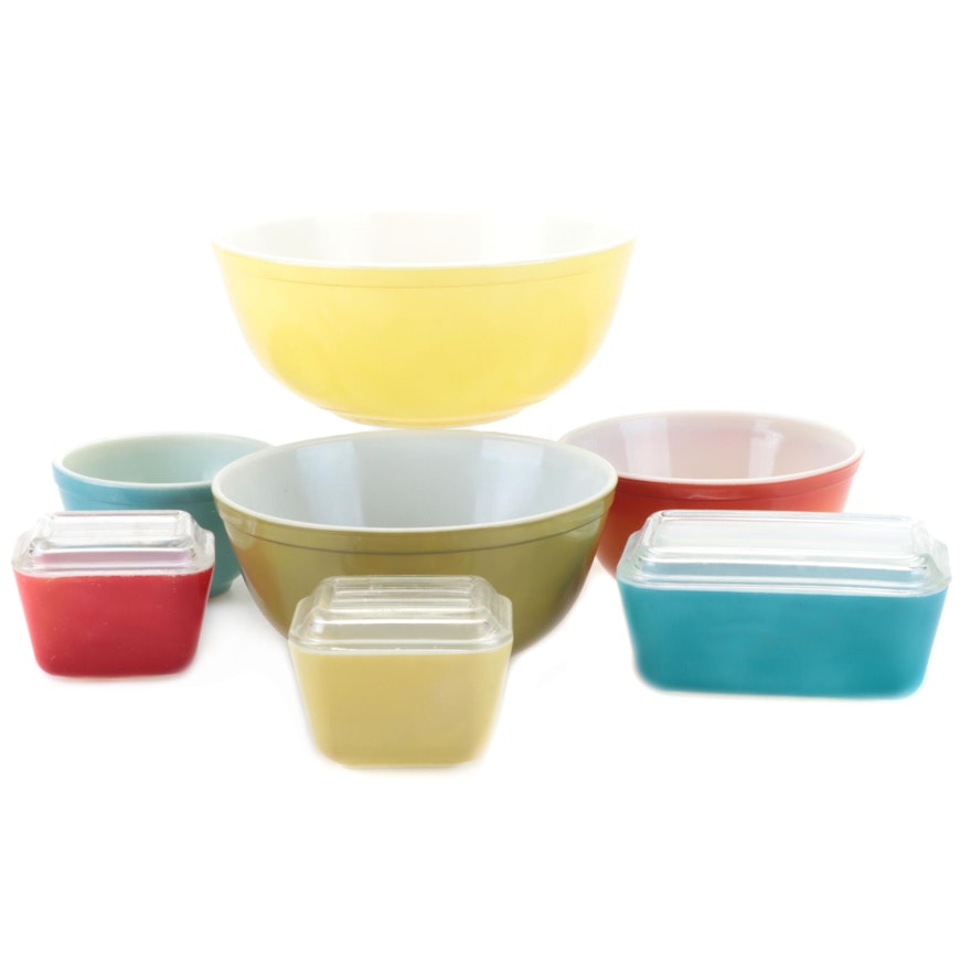Pyrex "Primary Colors" Nesting Bowls and Refrigerator Dishes, Mid/Late 20th C.