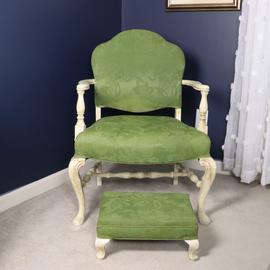 Queen Anne Style Chalk Painted Armchair with Footstool