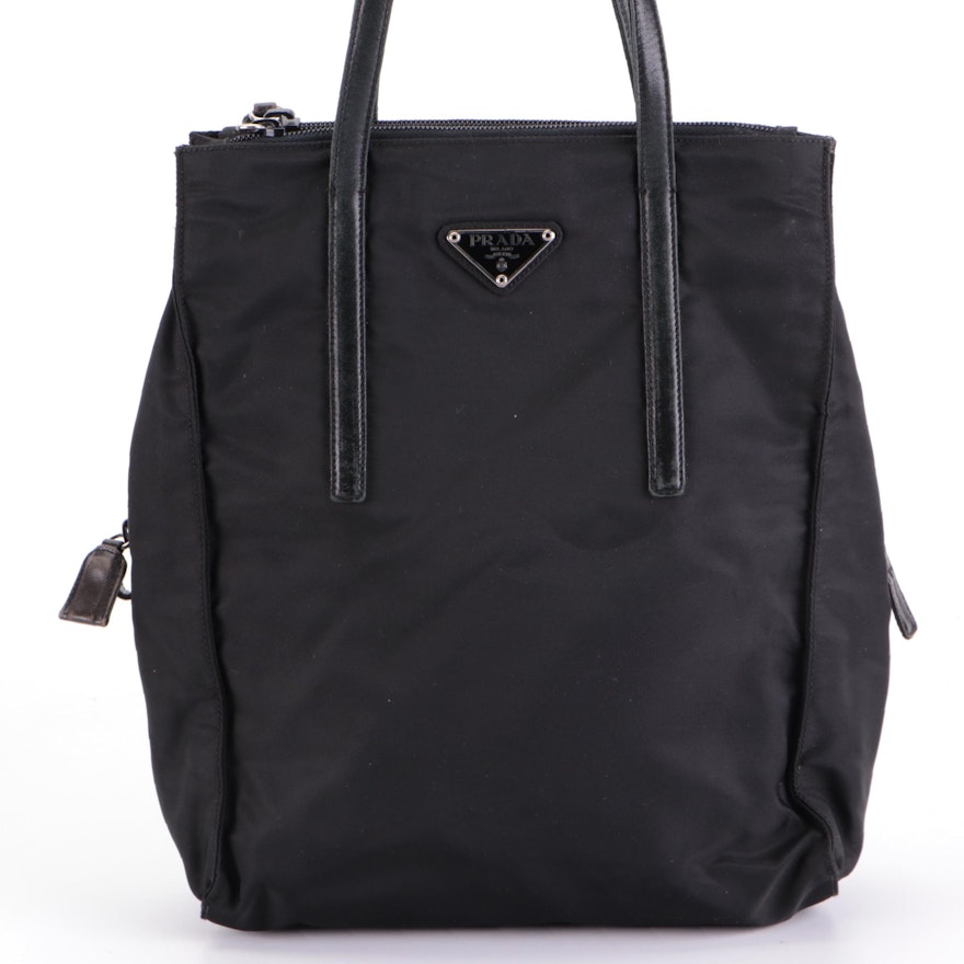 Prada Small Vertical Tote Bag in Black Tessuto Nylon and Black Leather Trim