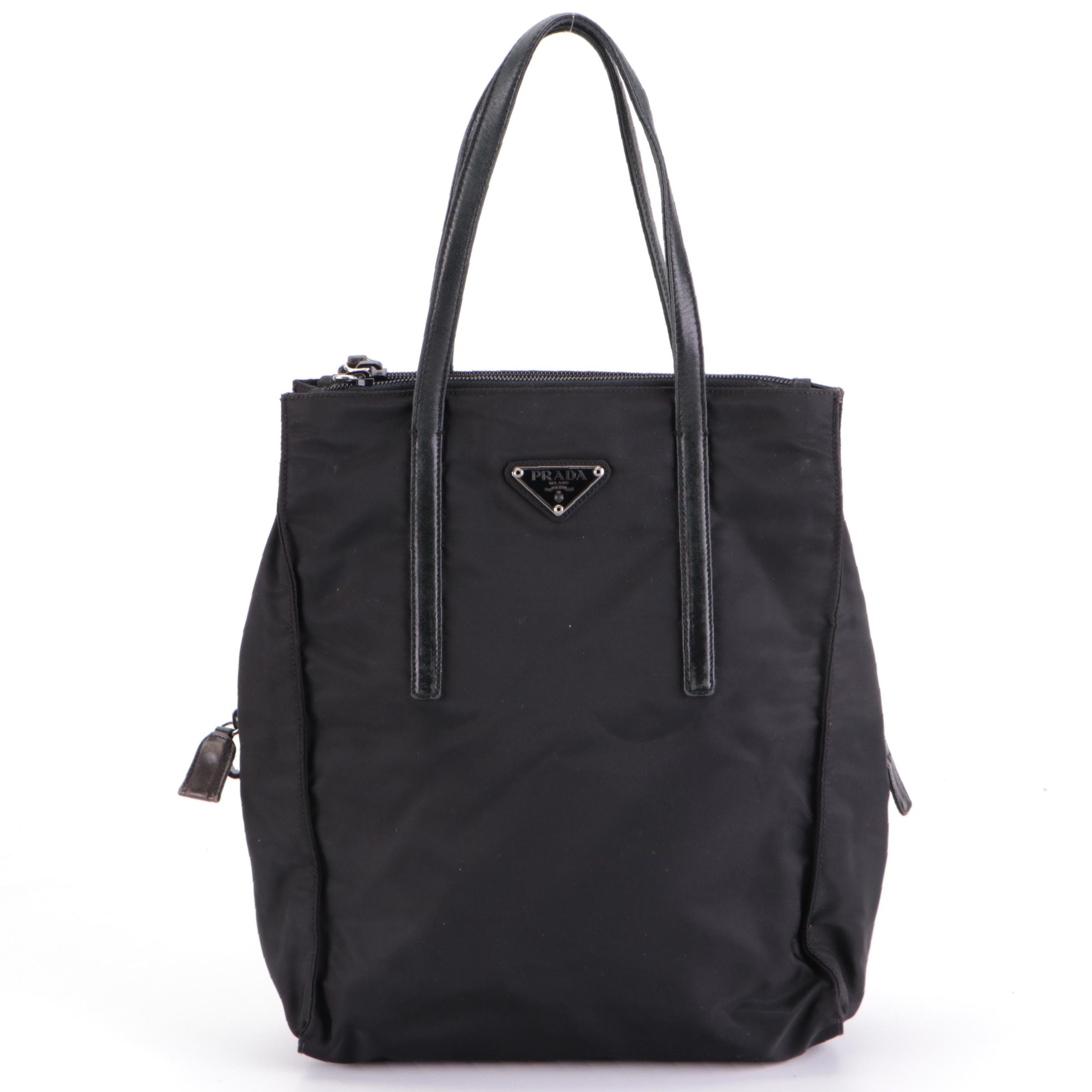 Prada Small Vertical Tote Bag in Black Tessuto Nylon and Black Leather Trim