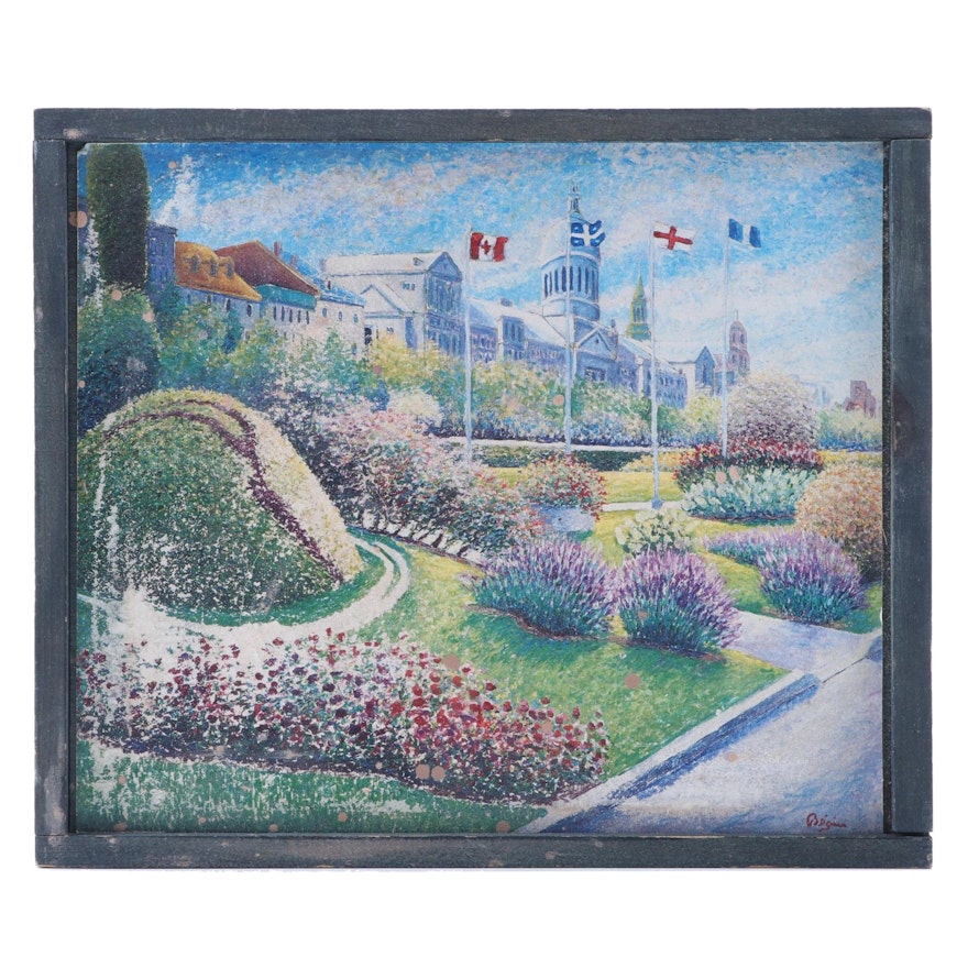 Oil Painted Decorative Box of Garden and Historic Building, Late 20th Century