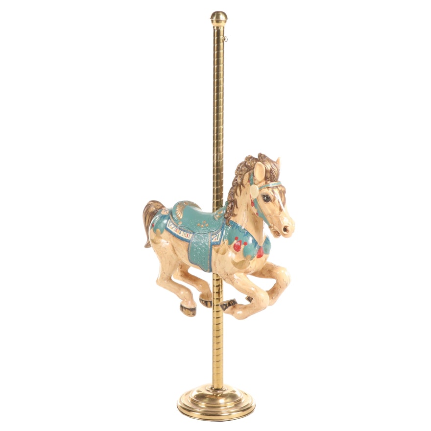 Decorative Polychrome Carousel Horse on Brass Pole, Late 20th Century