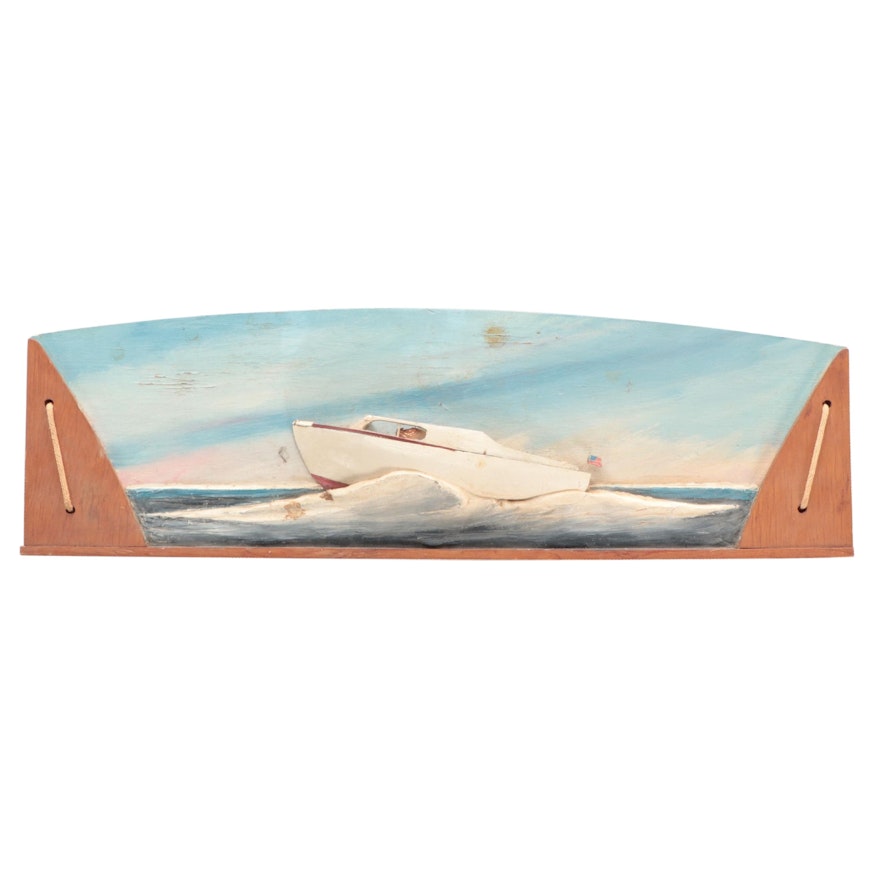 Painted Relief Speedboat Wooden Wall Hanging, Late 20th Century